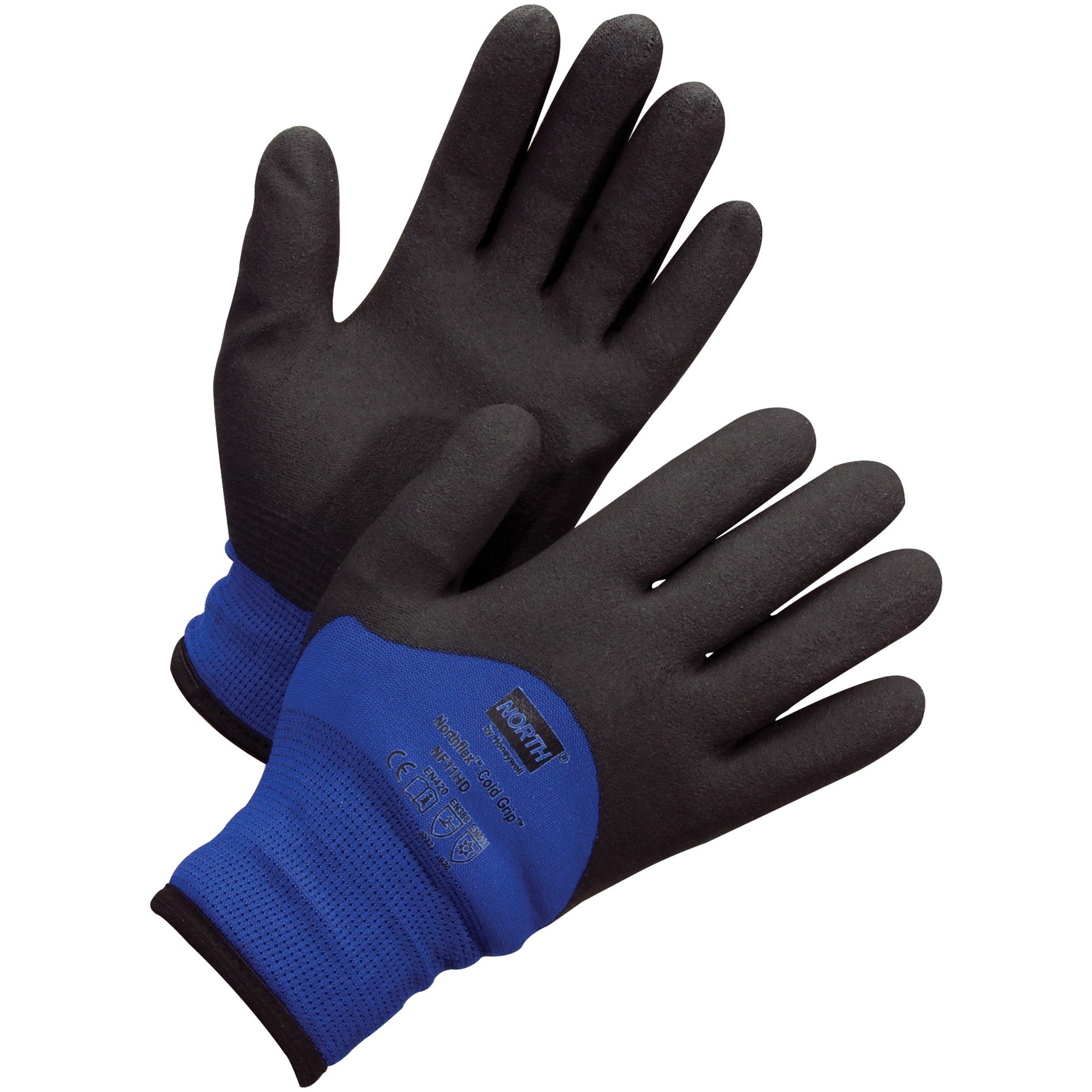 NORTH Northflex Coated Cold Grip Gloves - 9.84" Glove Length - Weather Protection - Medium Size - Blue, Black - Heavyweight, Insulated, Flexible, Shock Absorbing, Vibration Resistant, Liquid Proof, Firm Wet Grip, Durable, Cold Resistant, Elastic Wrist, Ergonomic, ... - For Construction, Manufacturing, Municipal Service, Transportation, Cold, General Purpose, Maintenance - 2 / Pair