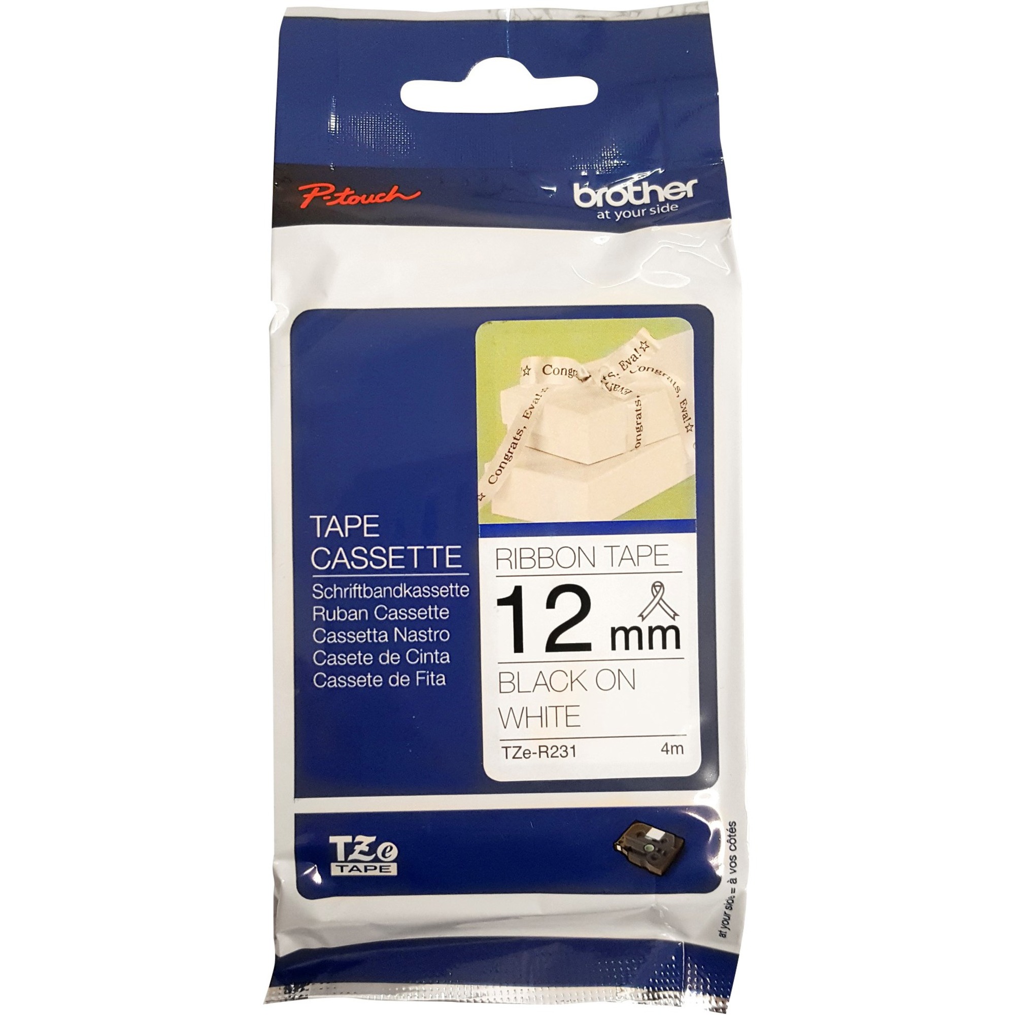 Brother TZe Label Tape - 15/32" (12 mm) x 13 1/8 ft (4 m) - White - 1