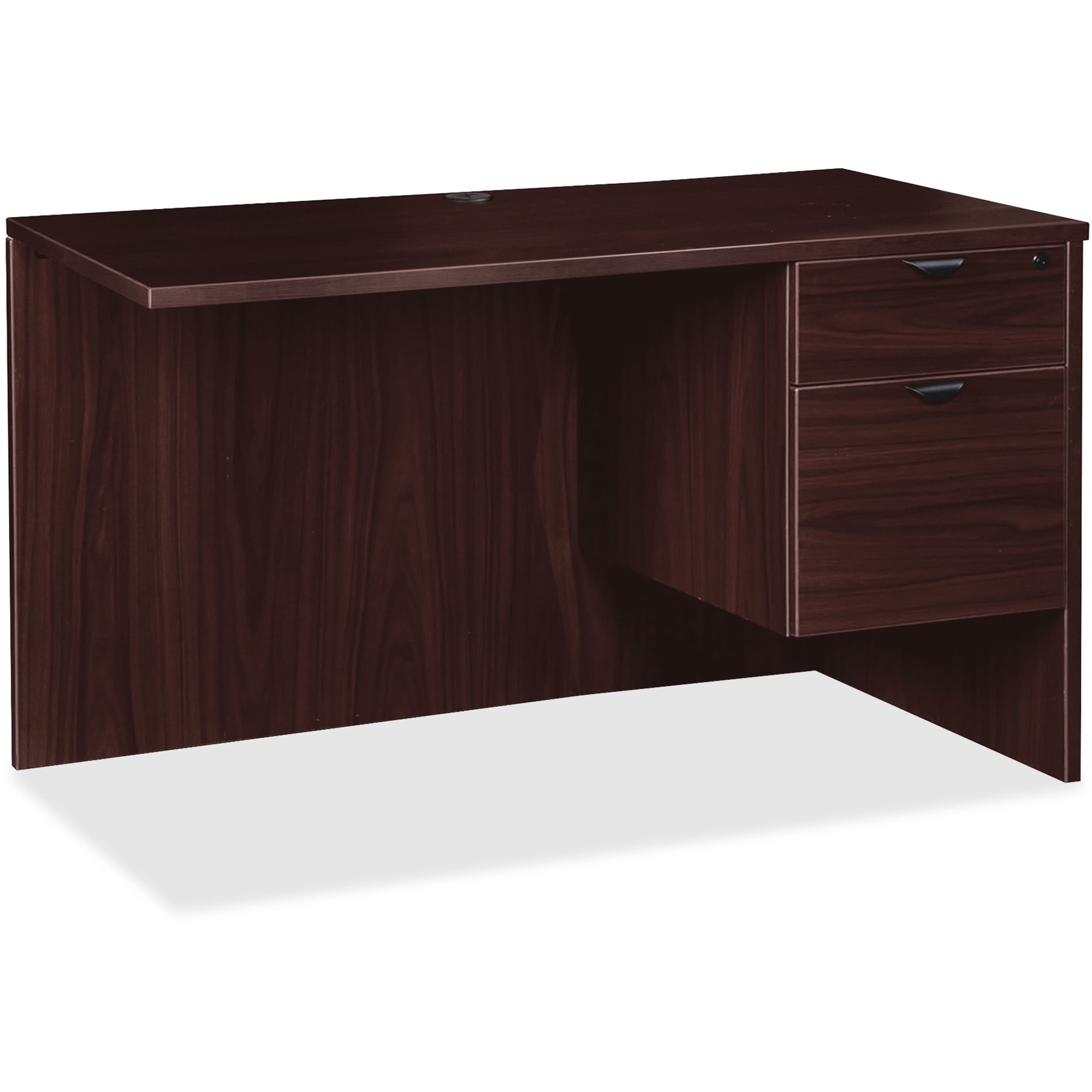 Lorell Prominence 2.0 Espresso Laminate Box/File Right Return - 2-Drawer - 29" Height x 42" Width x 24" Depth, 1" Thickness Top - Total Drawer(s): 2 - Single Pedestal on Right Side - Band Edge - Material: Particleboard - Finish: Espresso Laminate, Thermofused Melamine (TFM) - Durable, Mar Resistant, Burn Resistant, Impact Resistant, Modesty Panel, Ball Bearing Slides, Lockable Drawer, Built-in Hangrail, Adjustable Glide, Grommet, Cord Management - For Office - 1 Each