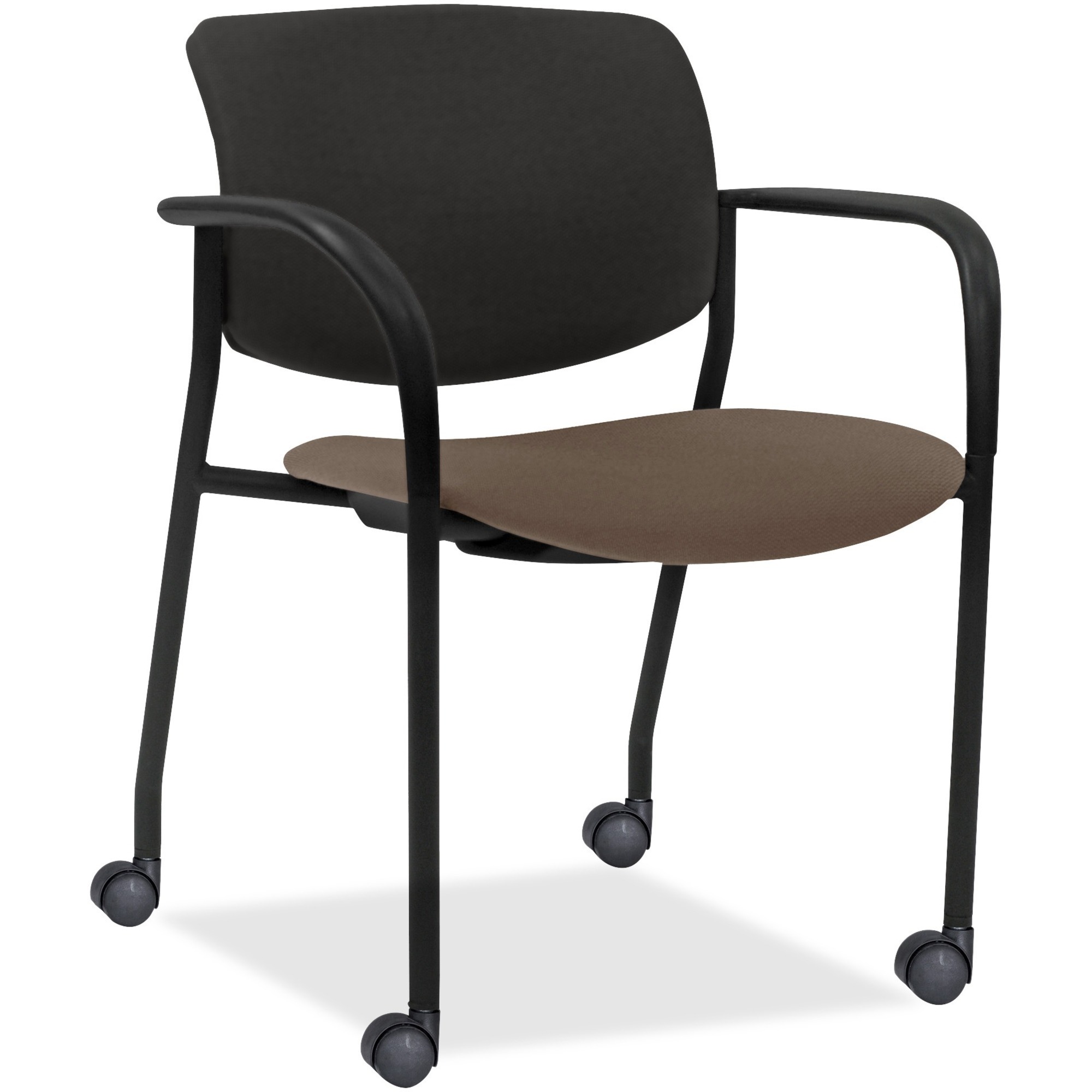 Lorell Advent Mobile Stack Chairs with Arms - Beige Seat Color - Foam, Crepe Fabric Seat Material - Black Back Color - Plastic Back Material - Powder Coated, Black Frame Color - Tubular Steel Frame Material - Four-legged Base - Armrest - 2 / Carton