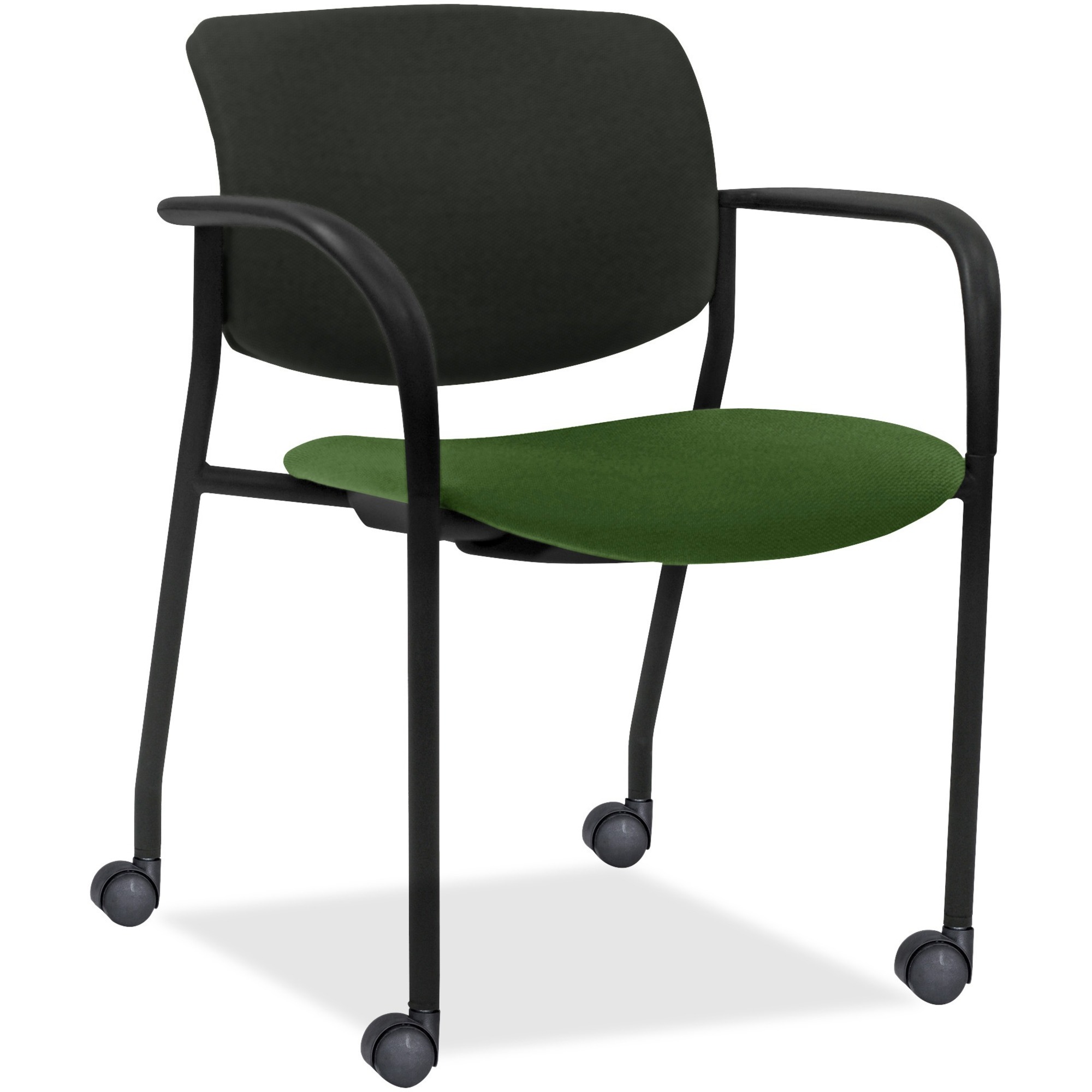 Lorell Advent Mobile Stack Chairs with Arms - Fern Seat Color - Foam, Crepe Fabric Seat Material - Black Back Color - Plastic Back Material - Powder Coated, Black Frame Color - Tubular Steel Frame Material - Four-legged Base - Armrest - 2 / Carton