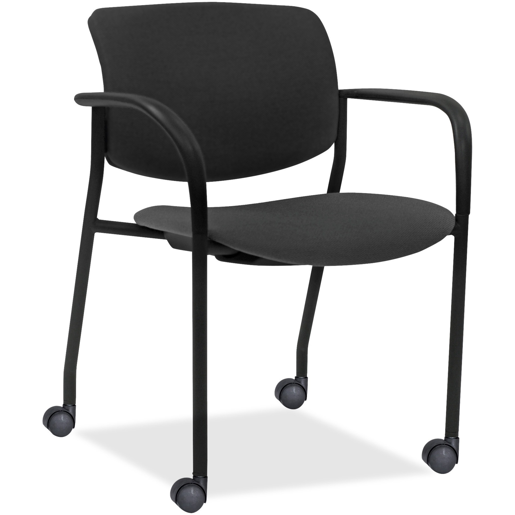 Lorell Advent Mobile Stack Chairs with Arms - Ash Seat Color - Foam, Crepe Fabric Seat Material - Black Back Color - Plastic Back Material - Powder Coated, Black Frame Color - Tubular Steel Frame Material - Four-legged Base - Armrest - 2 / Carton