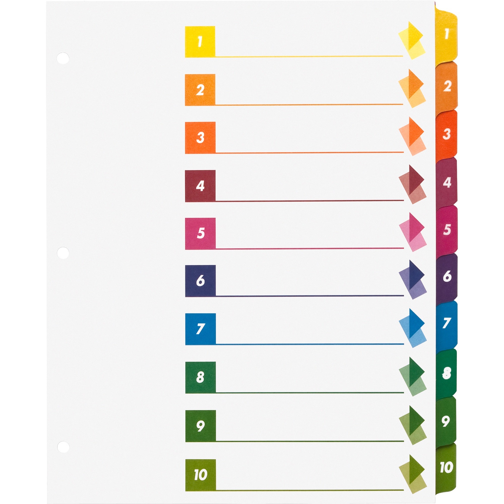 Business Source Color-coded Table of Contents/Tabs Index Dividers - Printed  Tab(s) - Digit - 1-10 - 10 Tab(s)/Set - 3 Hole Punched - Multicolor