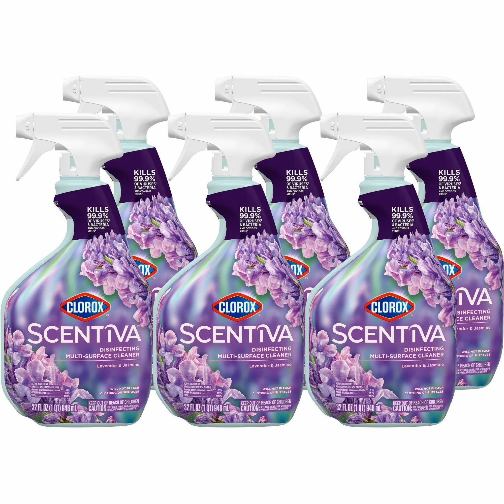 Clorox Scentiva Disinfecting Multi-Surface Bleach-Free Cleaner - 32 fl oz (1 quart) - Lavender & Jasmine Scent - Deodorize, Disinfectant, Bleach-free, Antibacterial - Clear - 216 / Bundle