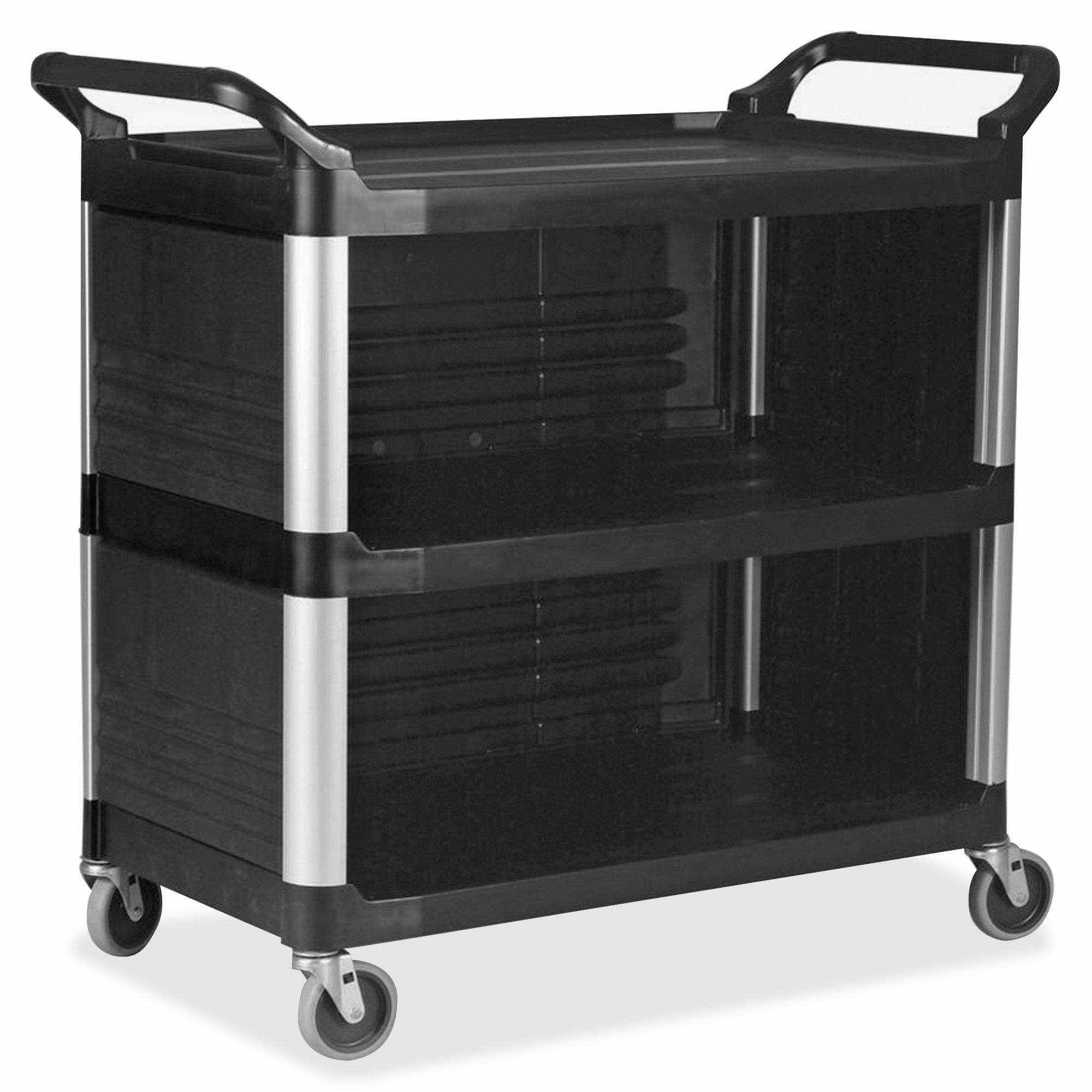 Rubbermaid Commercial Enclosed End Panels Utility Cart - 3 Shelf - 300 lb Load Capacity - 4" Caster Size - Metal - 20" Width x 15" Depth x 35" Height - Black - 1 / Carton
