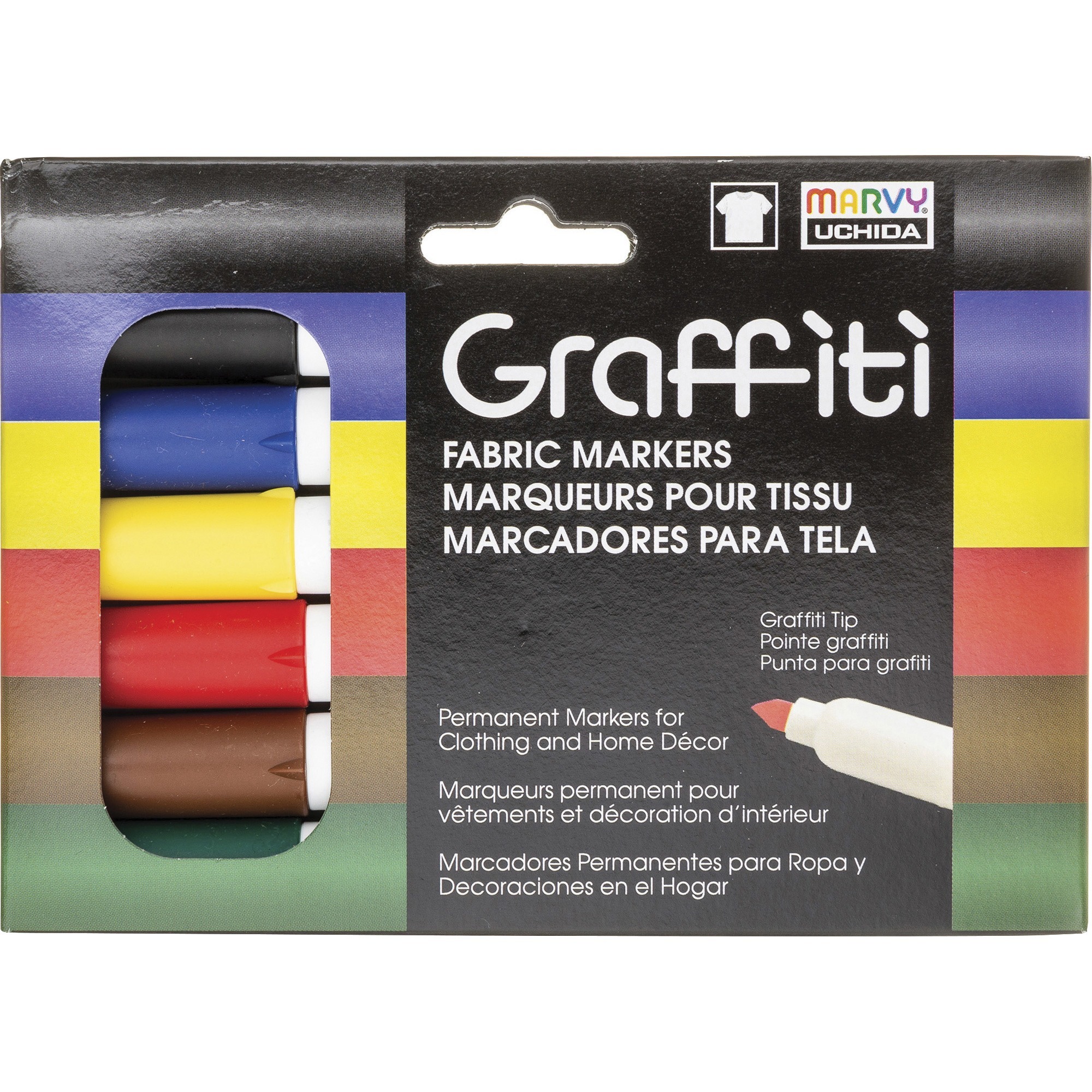 Marvy Graffiti Fabric Markers - Washable - Red, Blue, Green, Brown, Yellow, Black Ink - Pigment-based - 6 / Set