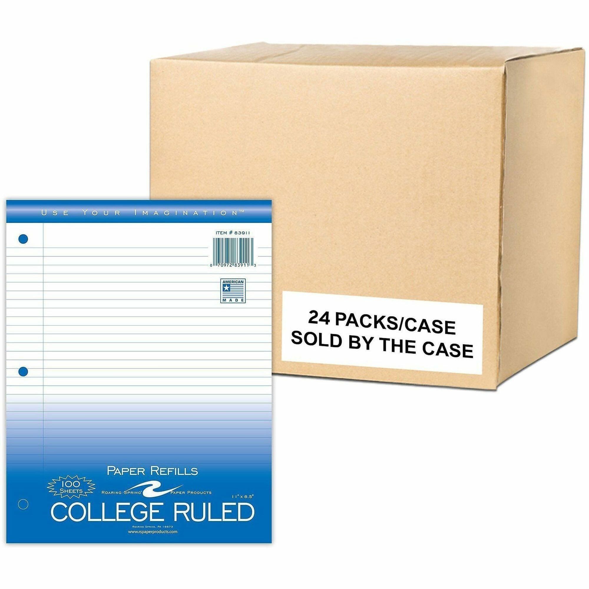 Roaring Spring College Ruled Filler Paper - 100 Sheets - 200 Pages - Printed - Both Side Ruling Surface - Red Margin - 3 Hole(s) - 15 lb Basis Weight - 56 g/m² Grammage - 11" x 8 1/2" Sheet Size - 0.30" Height x 8.5" Width x 11" Length - White Paper - 48 / Carton