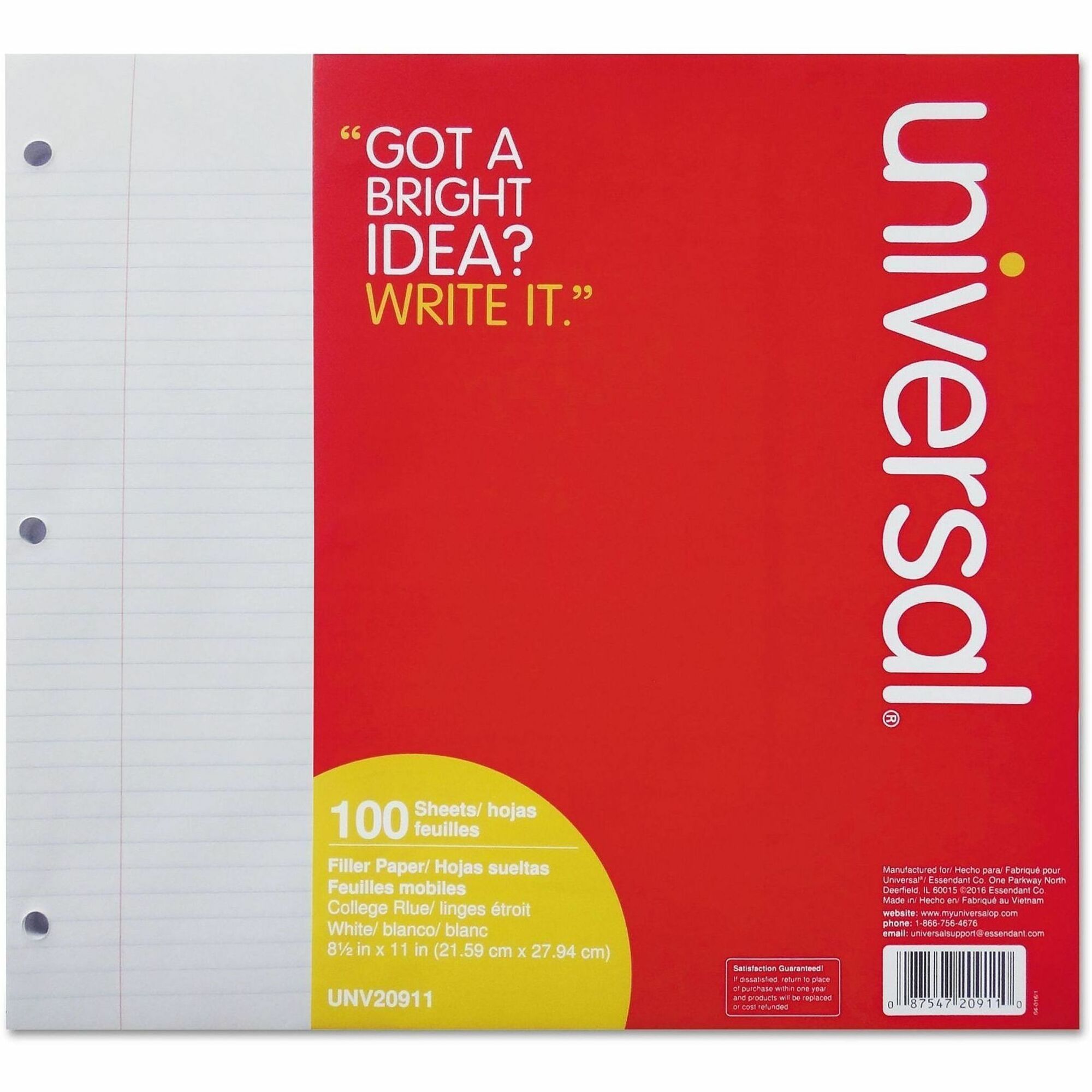 Universal Filler Paper, 3-Hole, 8.5 x 11, Medium/College Rule, 100/Pack