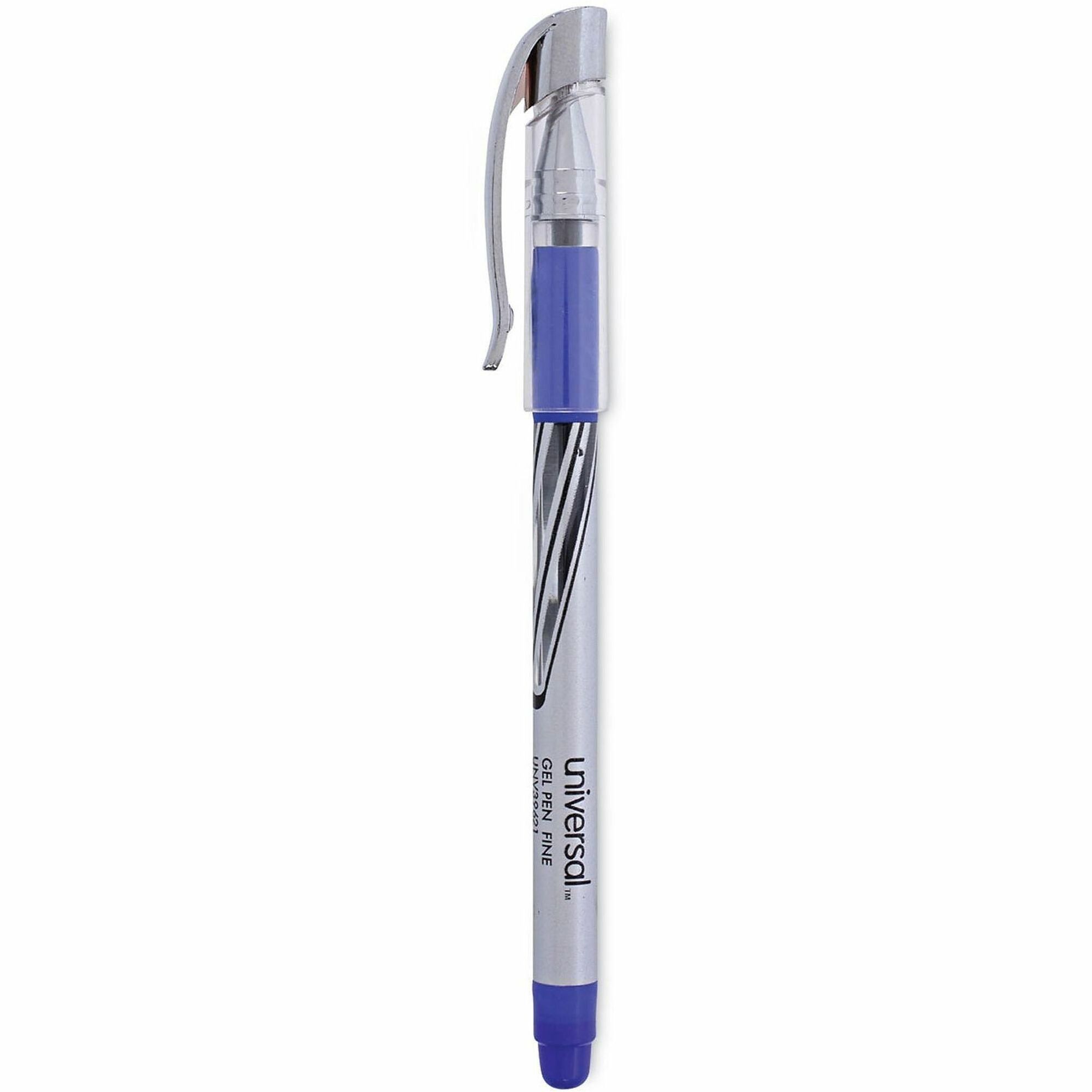 Universal Gel Pen, Stick, Medium 0.7 mm, Blue Ink, Silver/Blue Barrel, Dozen