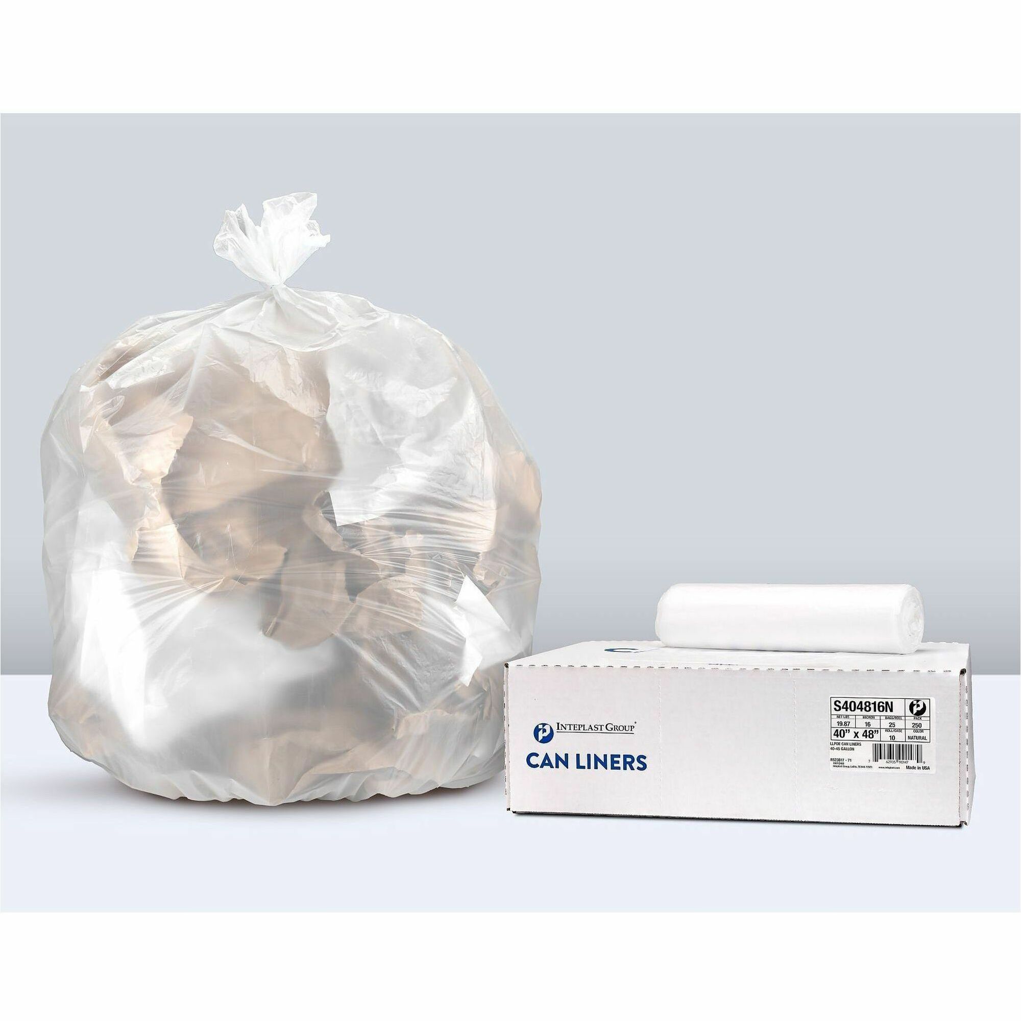 Inteplast HDPE Can Liners, 16 Microns, 40" x 48" , Natural, Pack Of 250 Liners