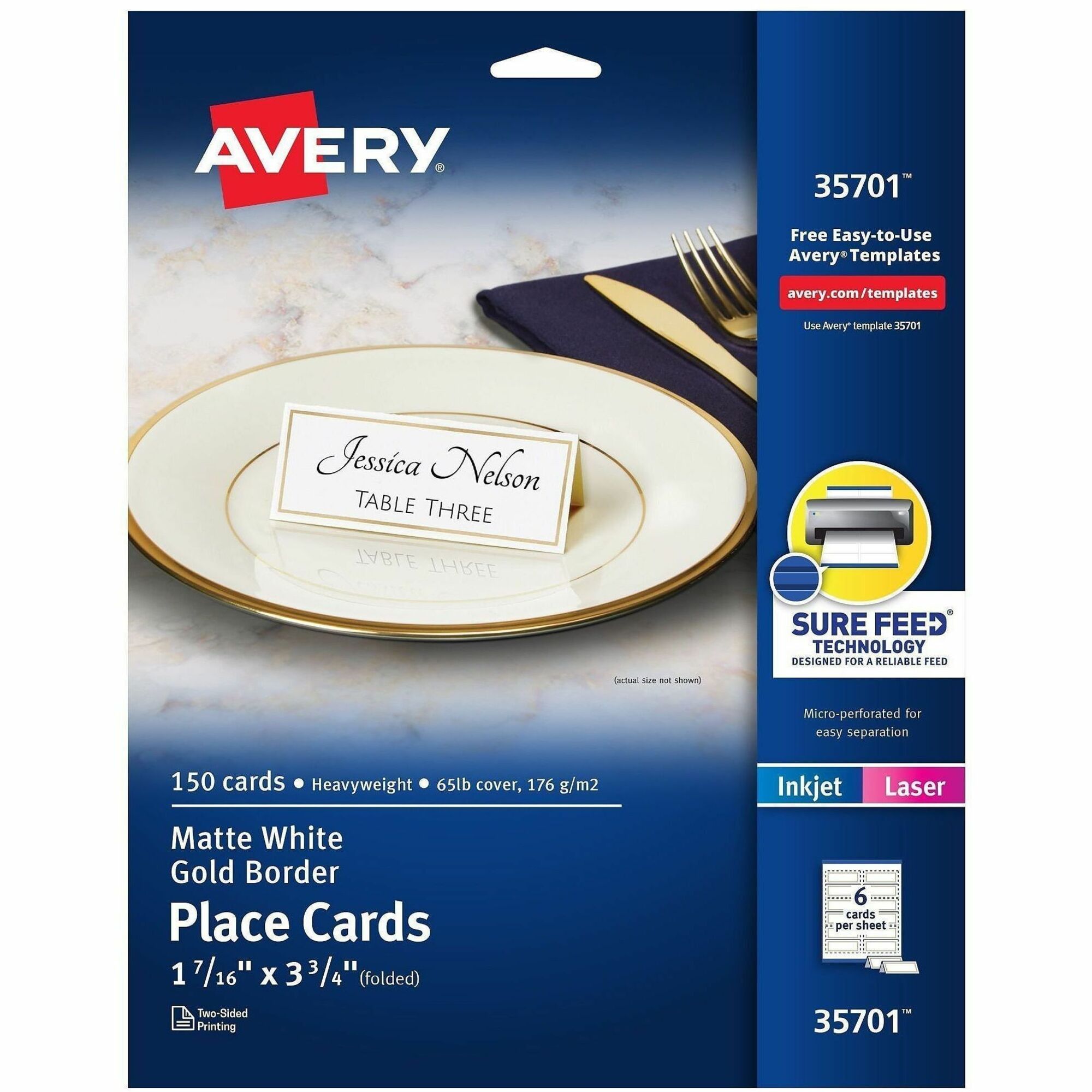 Avery® Place Cards, 1-7/16" x 3-3/4" , Gold Border, 150 Cards (35701)