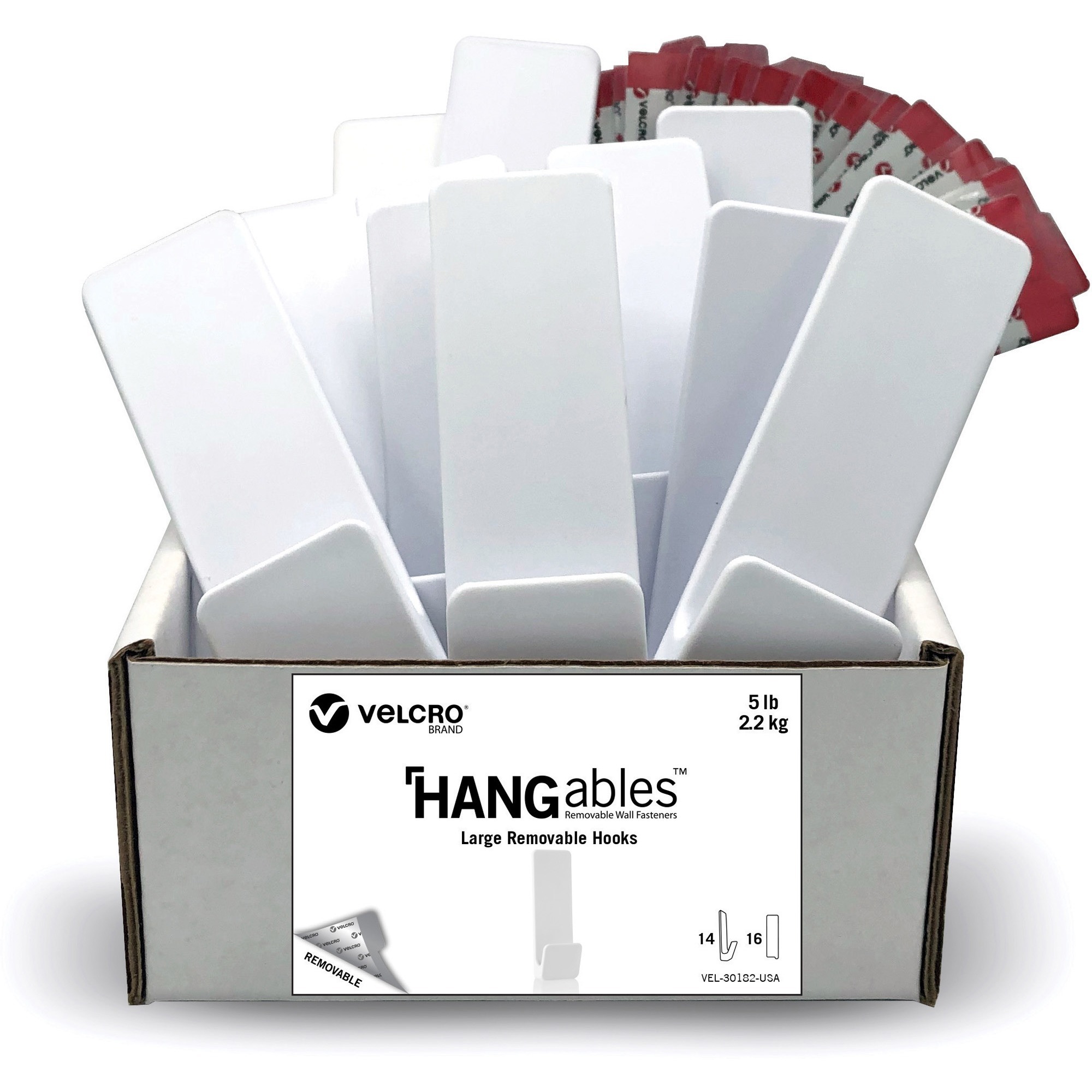 VELCRO® Large Removable Hooks - 14 Large Hook - 5 lb (2.27 kg) Capacity - 4.5" Height x 1.5" Width x 0.8" Length - for Clutch, Decoration, Jewelry, Key, Pet Leash, Pot Holder - White - 14 / Pack