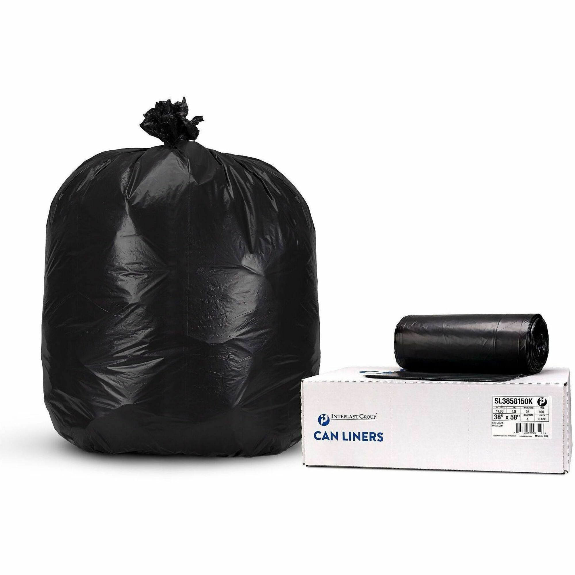 Inteplast LLDPE Can Liners, 1.5 mil, 38" x 58" , Black, Pack Of 100 Liners