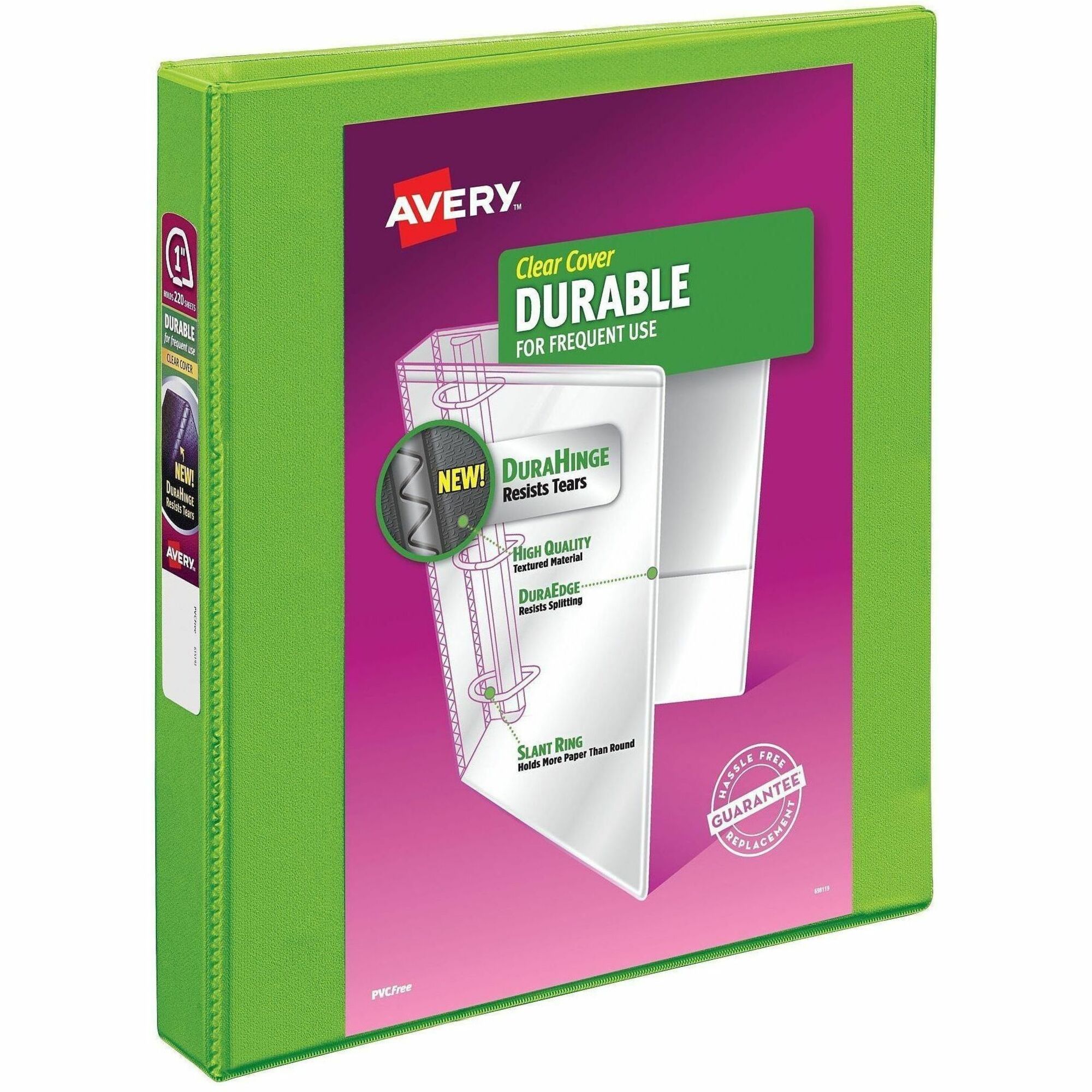 Avery Durable View 3 Ring Binder, 1 Inch Slant Rings, 1 Green Binder (17832) - 1" Binder Capacity - Letter - 8 1/2" x 11" Sheet Size - 250 Sheet Capacity - 1 2/5" Spine Width - 3 x 1" Ring - Fastener: Slant Ring - Pocket: 2, Internal - Polypropylene - Chartreuse - Adhesive, Customizable Spine/Cover, Durable, Flexible, Pocket, PVC-free, Recyclable, Split Resistant, Tear Resistant, UV Resistant, Clear Overlay - 1
