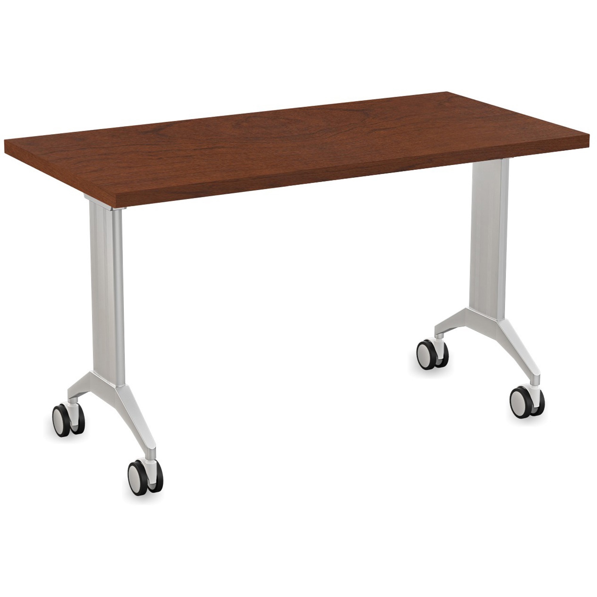 Special-T Link Flip & Nest Table - Mahogany Rectangle Top - Metallic Silver T-shaped Base - 48" Table Top Length x 24" Table Top Width - 30" Height - Auditorium, Classroom, Training Room - Assembly Required - Thermofused Laminate (TFL) Top Material - Aluminum Base Material - 1 Each