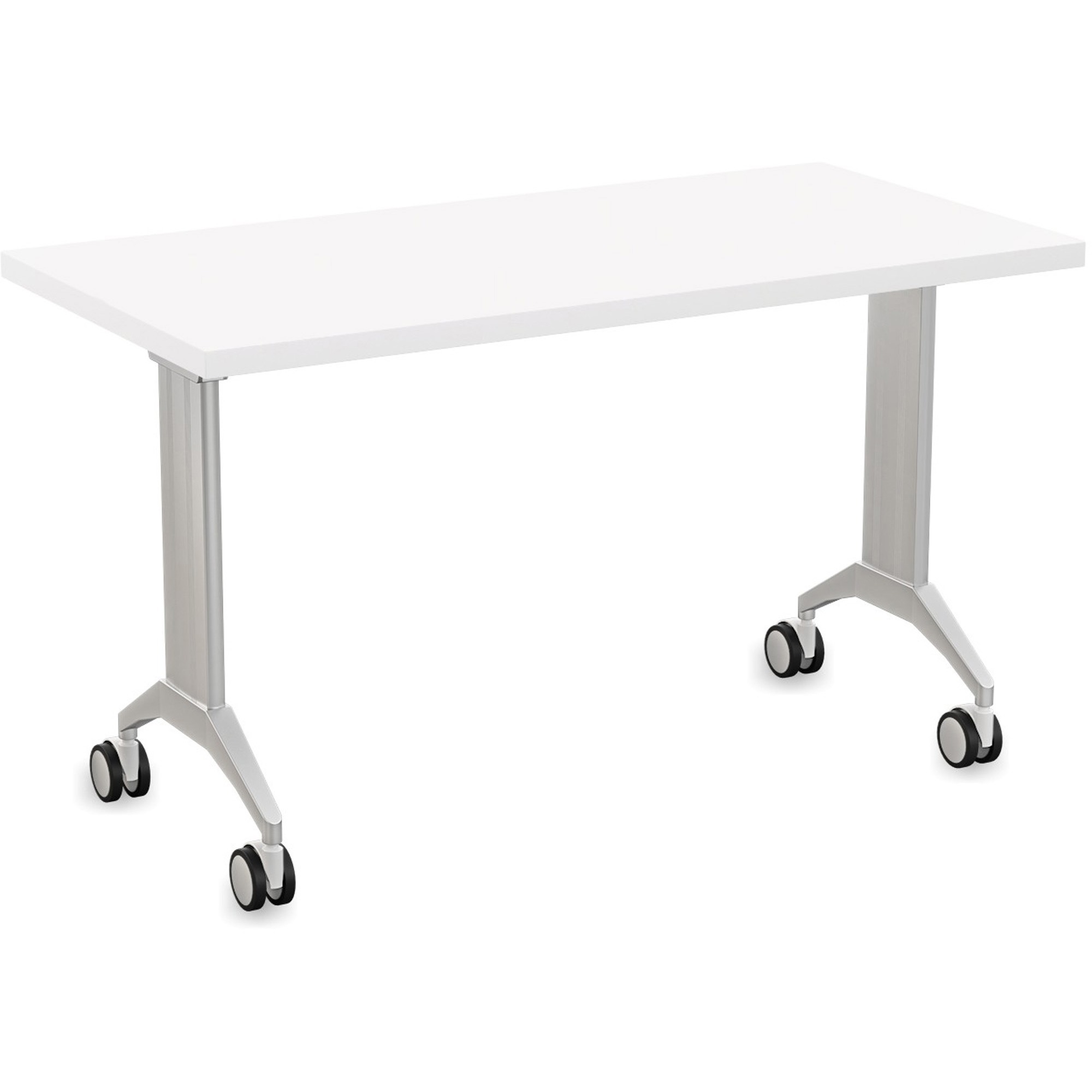 Special-T Link Flip & Nest Table - White Rectangle Top - Metallic Silver T-shaped Base - 48" Table Top Length x 24" Table Top Width - 30" Height - Auditorium, Classroom, Training Room - Assembly Required - Thermofused Laminate (TFL) Top Material - Aluminum Base Material - 1 Each