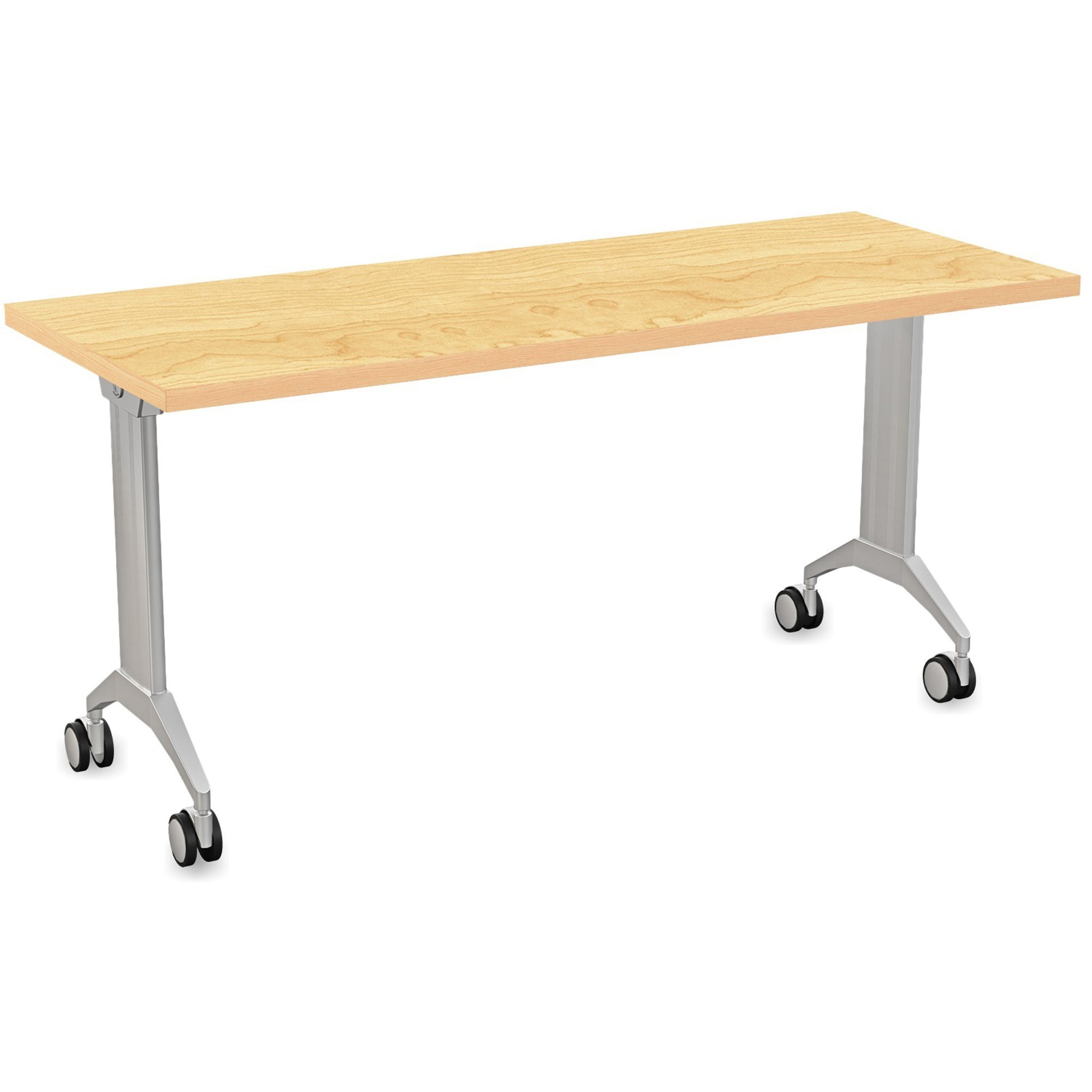 Special-T Link Flip & Nest Table - Crema Maple Rectangle Top - Metallic Silver T-shaped Base - 60" Table Top Length x 24" Table Top Width - 30" Height - Auditorium, Classroom, Training Room - Assembly Required - Thermofused Laminate (TFL) Top Material - Aluminum Base Material - 1 Each