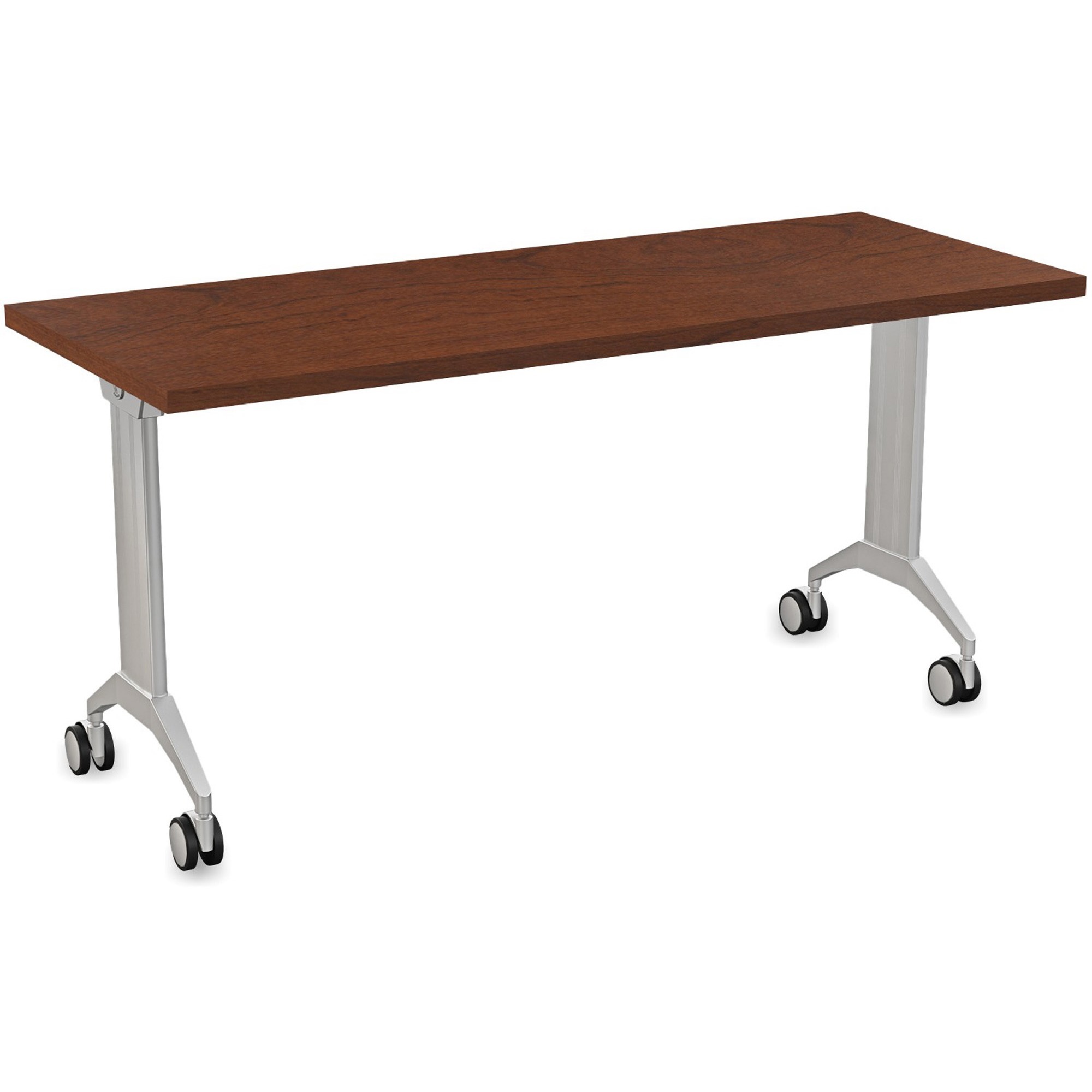 Special-T Link Flip & Nest Table - Mahogany Rectangle Top - Metallic Silver T-shaped Base - 60" Table Top Length x 24" Table Top Width - 30" Height - Auditorium, Classroom, Training Room - Assembly Required - Thermofused Laminate (TFL) Top Material - Aluminum Base Material - 1 Each