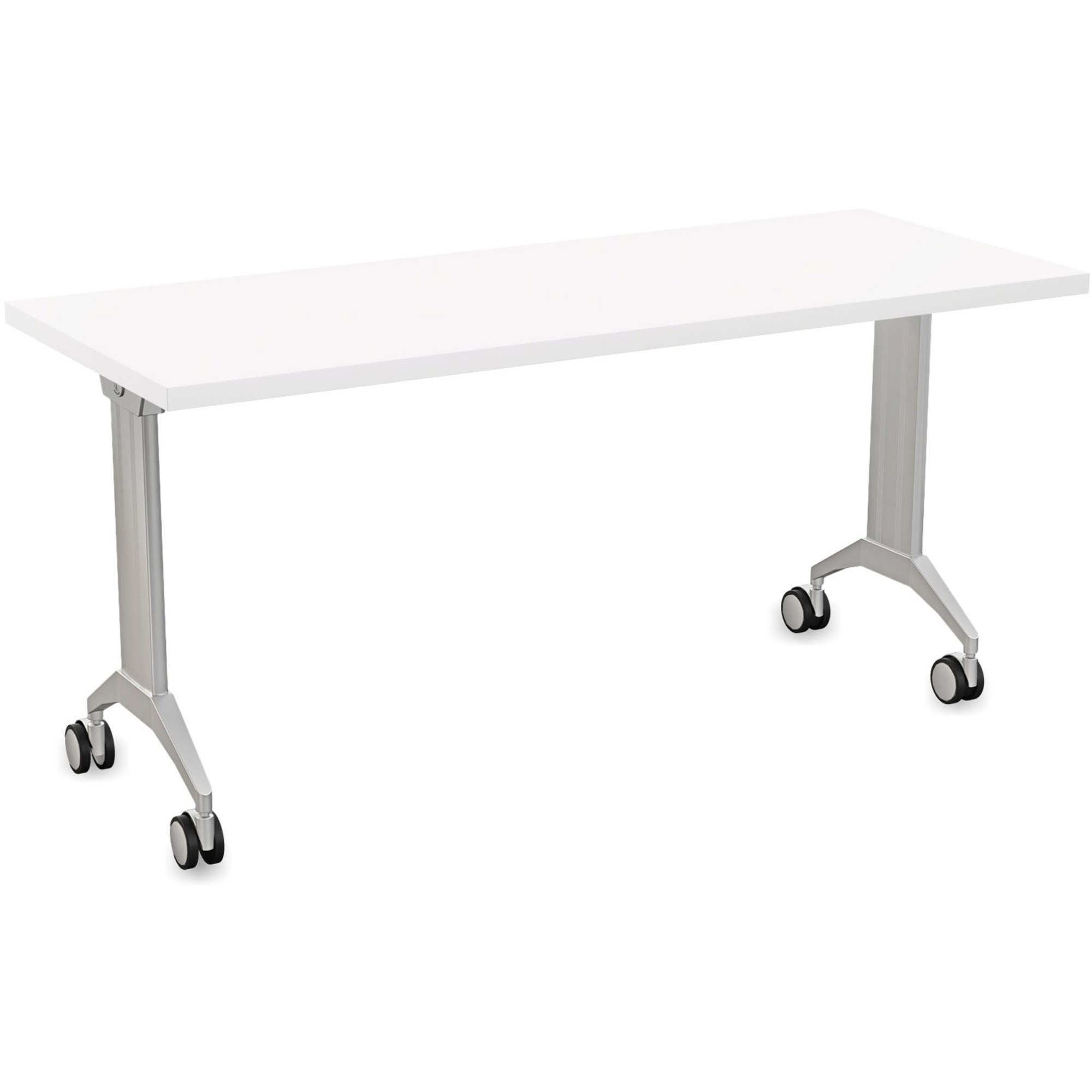 Special-T Link Flip & Nest Table - White Rectangle Top - Metallic Silver T-shaped Base - 60" Table Top Length x 24" Table Top Width - 30" Height - Auditorium, Classroom, Training Room - Assembly Required - Thermofused Laminate (TFL) Top Material - Aluminum Base Material - 1 Each