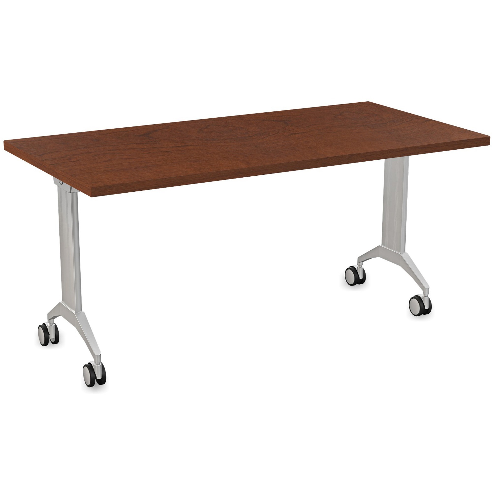 Special-T Link Flip & Nest Table - Mahogany Rectangle Top - Metallic Silver T-shaped Base - 60" Table Top Length x 30" Table Top Width - 30" Height - Auditorium, Classroom, Training Room - Assembly Required - Thermofused Laminate (TFL) Top Material - Aluminum Base Material - 1 Each