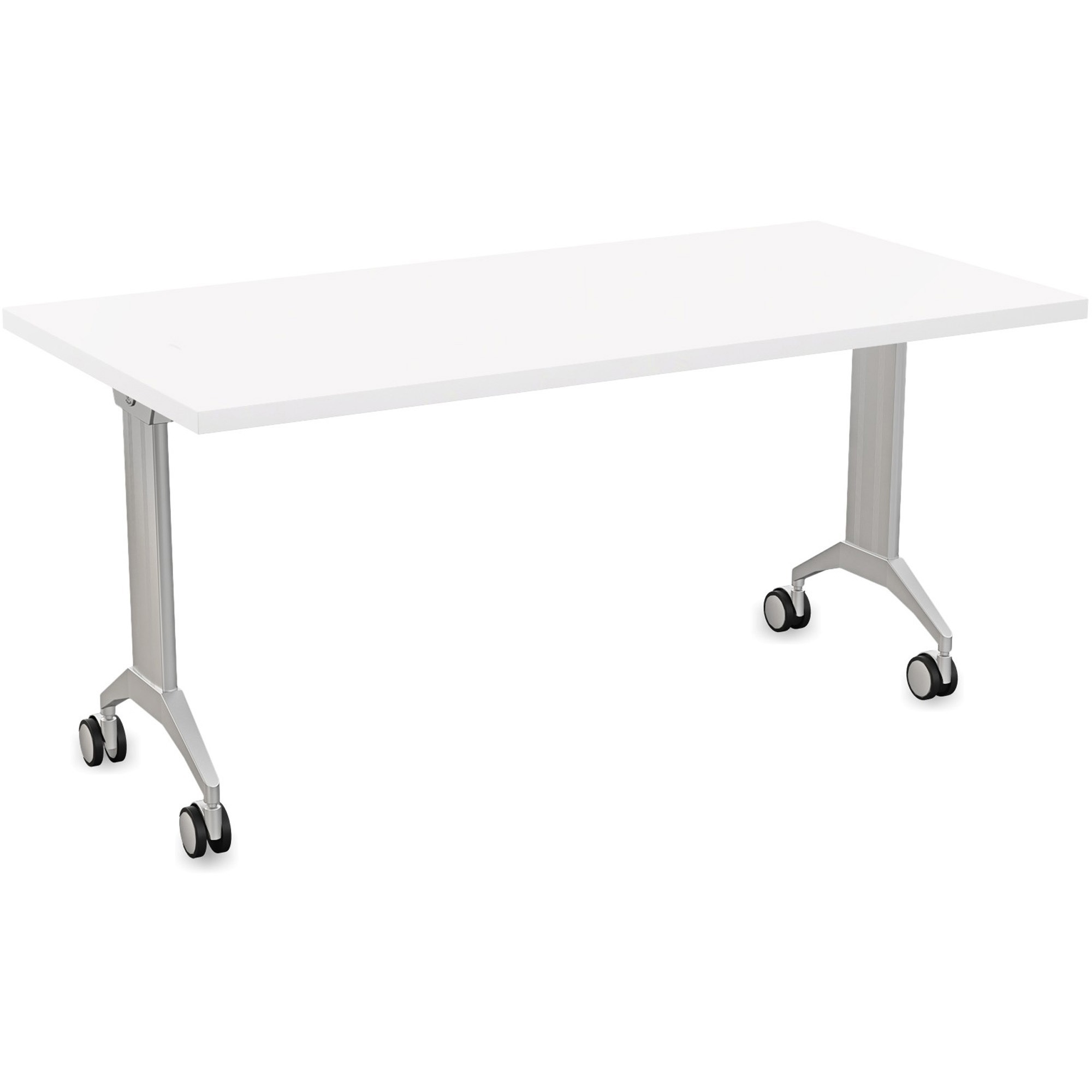 Special-T Link Flip & Nest Table - White Rectangle Top - Metallic Silver T-shaped Base - 60" Table Top Length x 30" Table Top Width - 30" Height - Auditorium, Classroom, Training Room - Assembly Required - Thermofused Laminate (TFL) Top Material - Aluminum Base Material - 1 Each