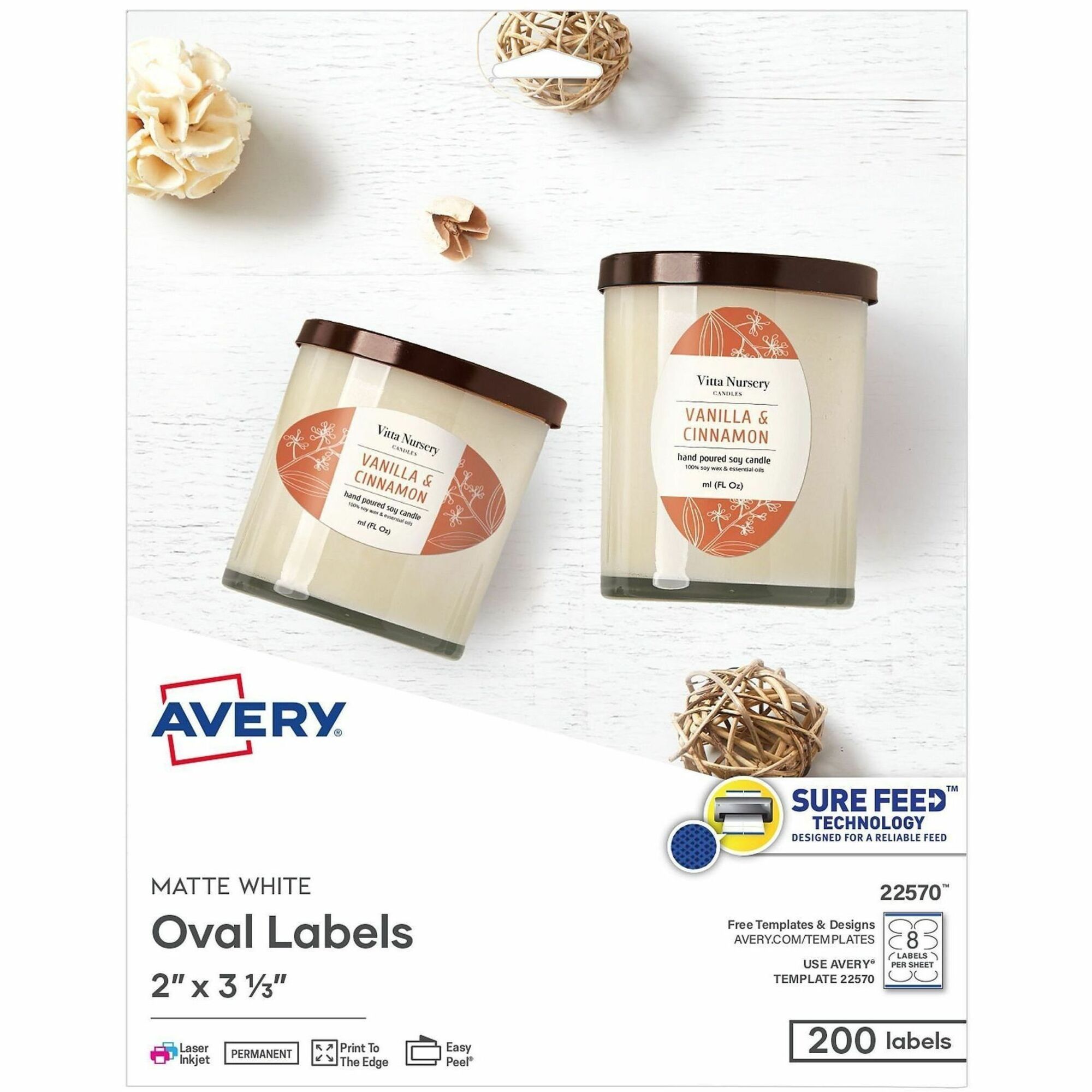 Avery Printable Oval Labels, 2" x 3-1/3" , White, 200 Labels (22570)