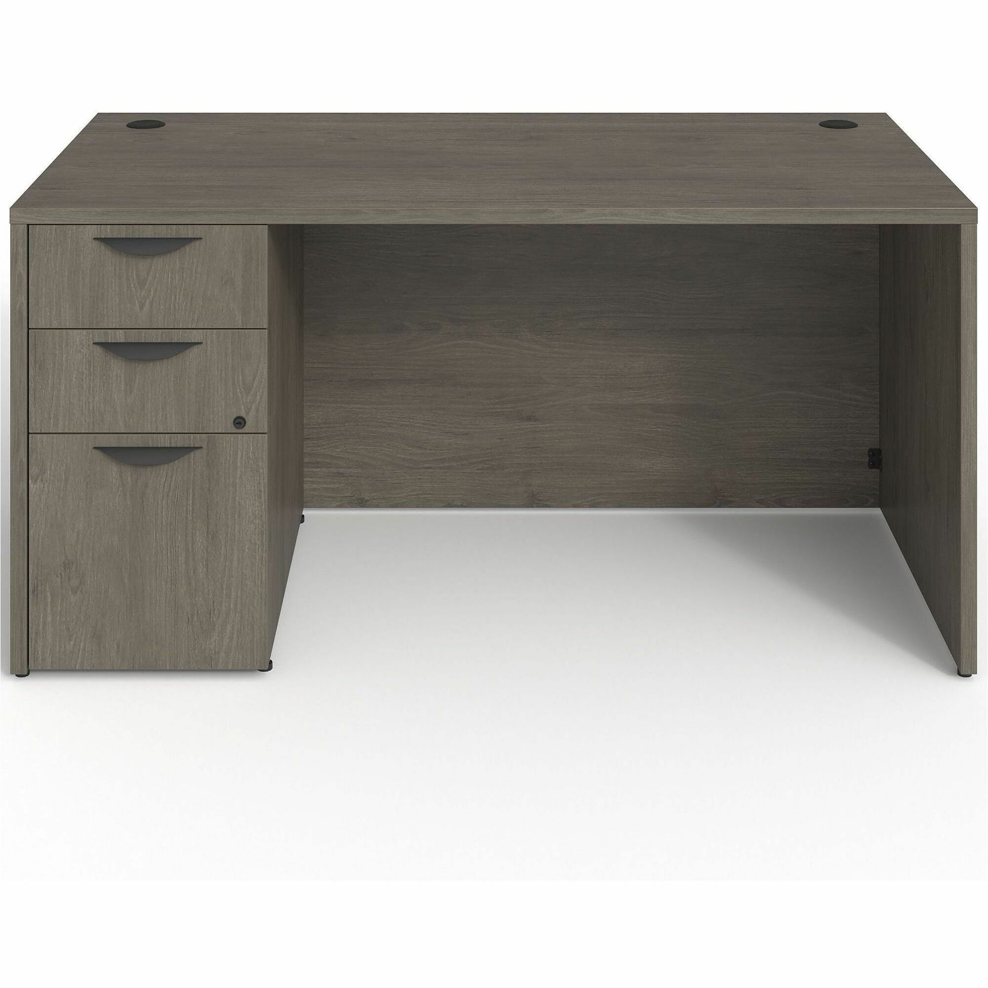 Lorell Prominence 2.0 Left-Pedestal Desk - Rectangle - 29" Height x 60" Width x 30" Depth, 1" Thickness Top - Total Drawer(s): 3 - Single Pedestal on Left Side - Band Edge - Material: Particleboard - Finish: Thermofused Melamine (TFM) - Durable, Adjustable Glide, Modesty Panel, Impact Resistant, Burn Resistant, Mar Resistant, Ball Bearing Slides, Lockable Drawer, Grommet - For Office - 1 Each