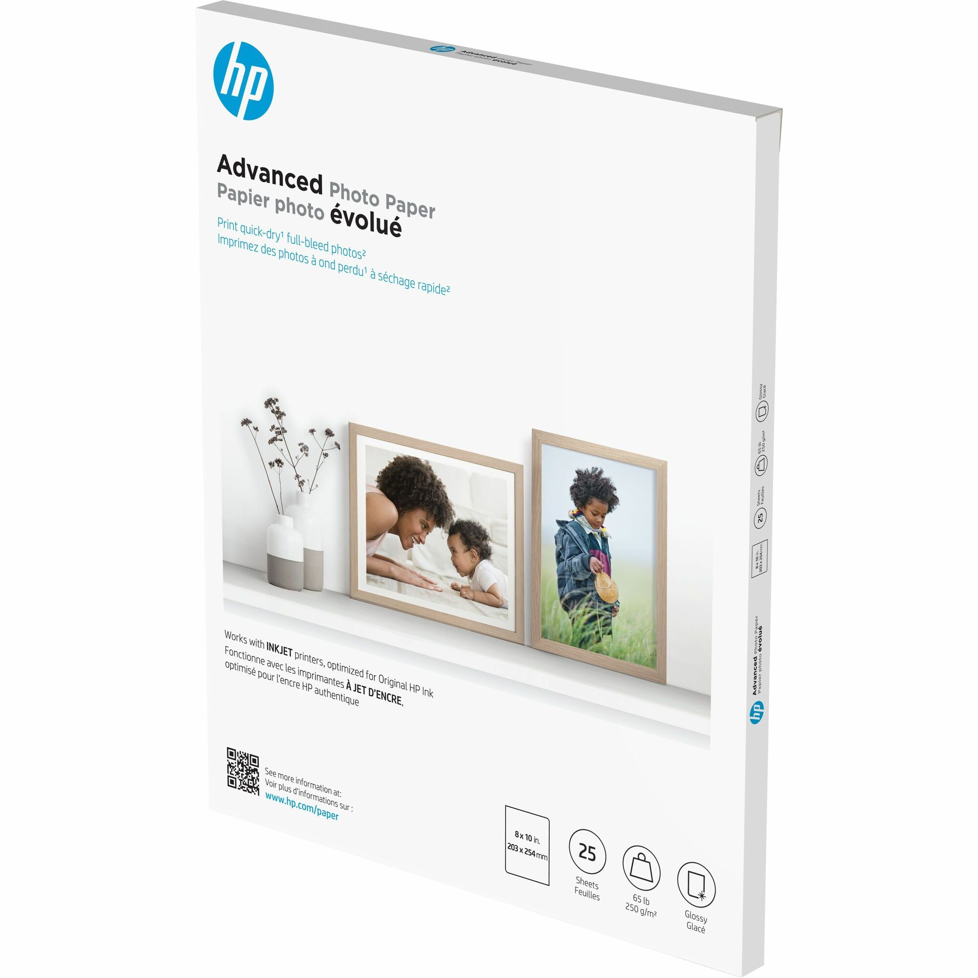 HP Advanced Photo Paper Glossy 65 lb 8 x 10 in. 203 x 254 mm 25 Sheets - 8" (203.20 mm) x 10" (254 mm) - 65 lb (29483.50 g) Basis Weight - Glossy - Fade Resistant, Recyclable, Anti-jam, Fade Proof, Fast-drying - White - 25 Sheets