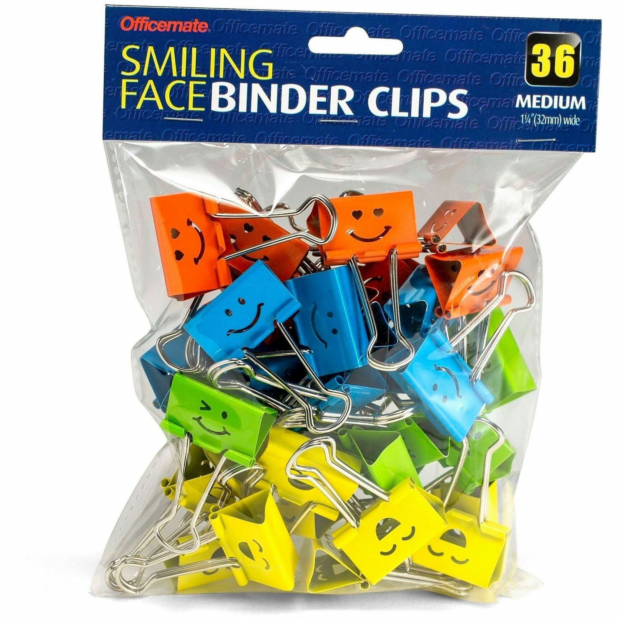 Officemate Smiling Face Binder Clips, Medium, Asst Color, 36 Pcs