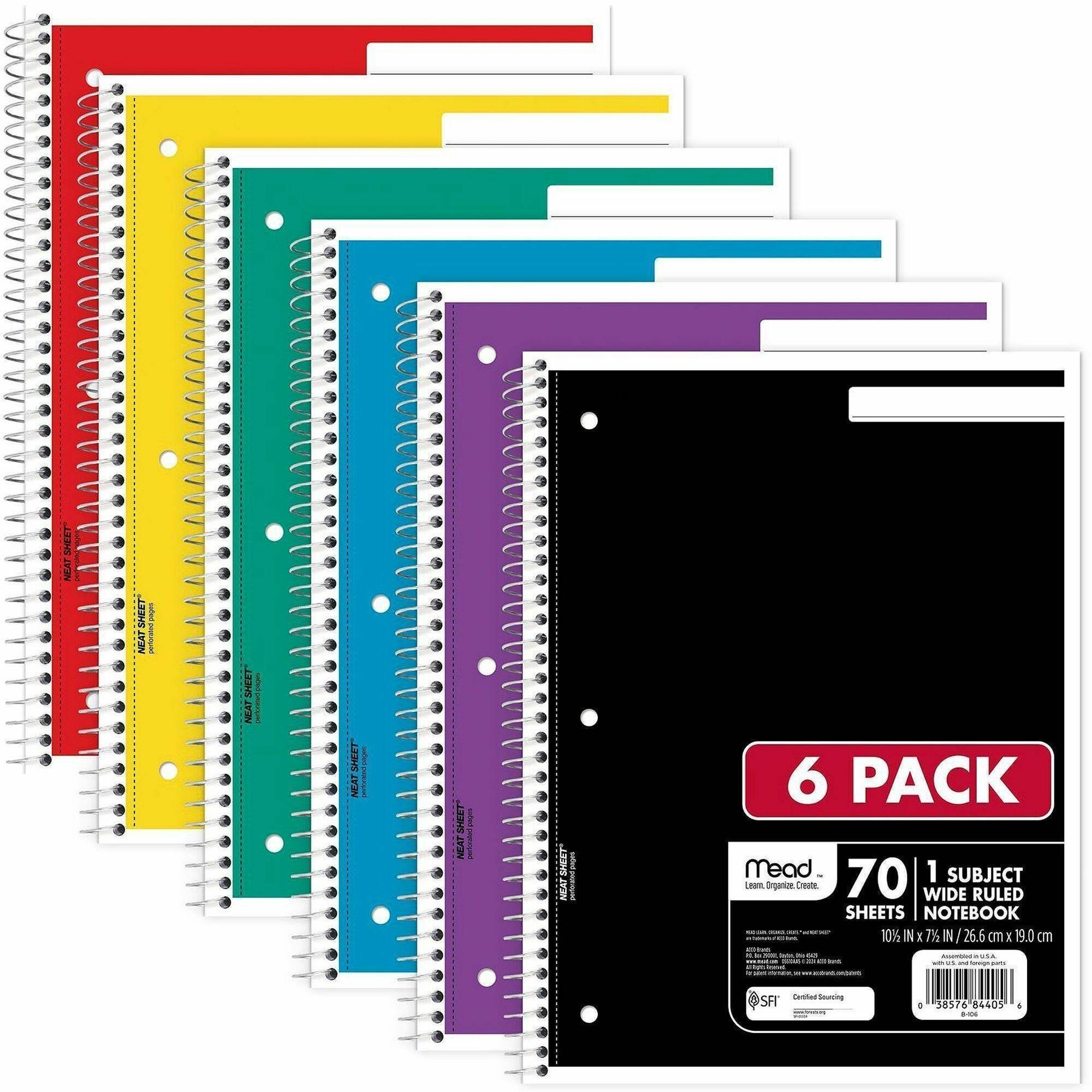 Mead Notebook - 1 Subject(s) - 70 Sheets - 70 Pages - Wire Bound - Wide Ruled, Legal Ruled Front Ruling - 3 Hole(s) - 20 lb Basis Weight - 7 1/2" x 10 1/2" Sheet Size - 10.50" Height x 8.3" Width x 0.5" Depth - Black, Blue, Green, Purple, Red, Yellow Cover - Opaque, Double Sided Sheet, Perforated, Easy Tear, Durable Cover, Undated, Snag Resistant, Spiral Bound, Smooth - 6 / Pack