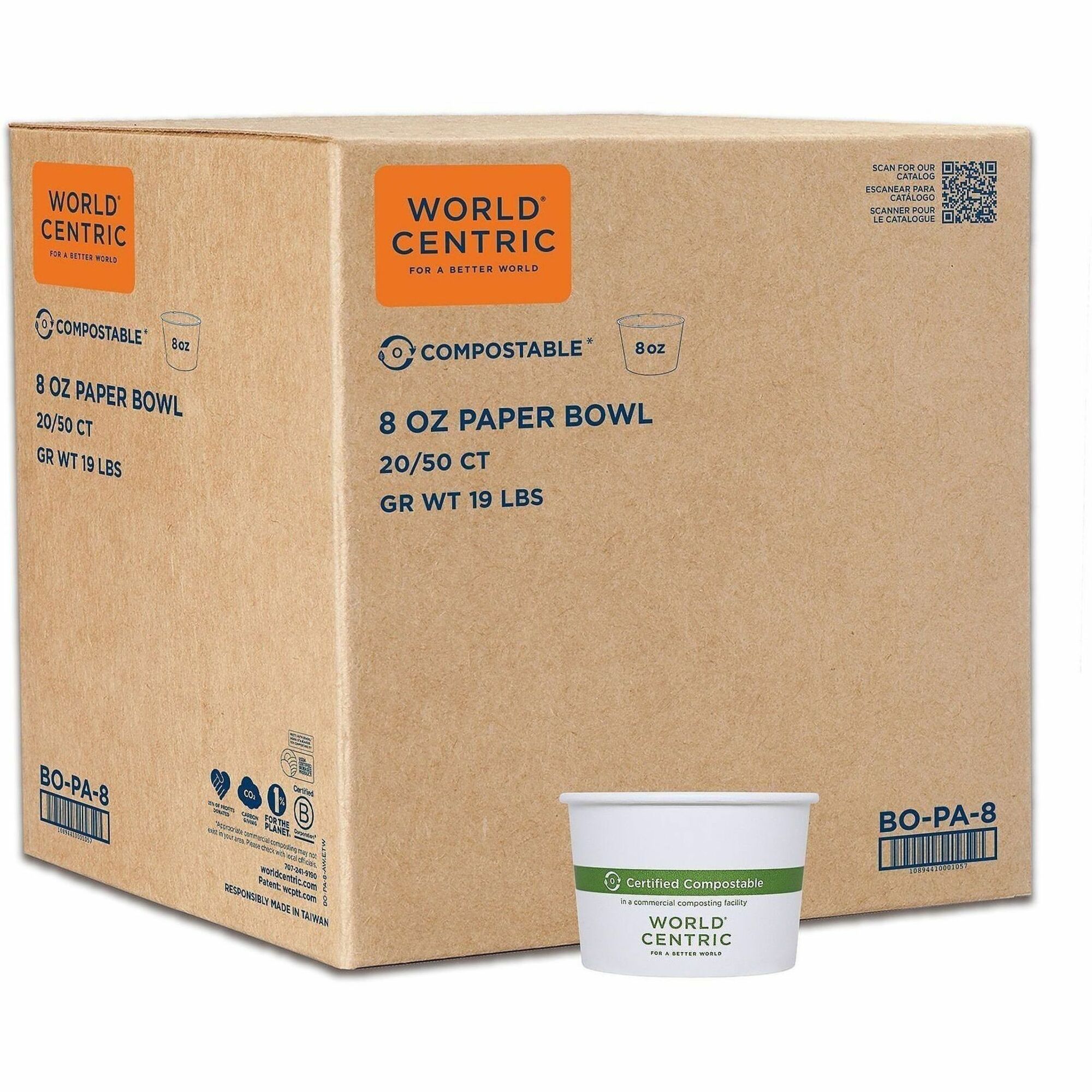 World Centric Compostable White Paper Bowls - Food, Soup, Ice Cream, Food Storage, Salad - White - Paper Body - 20 - 20 / Carton