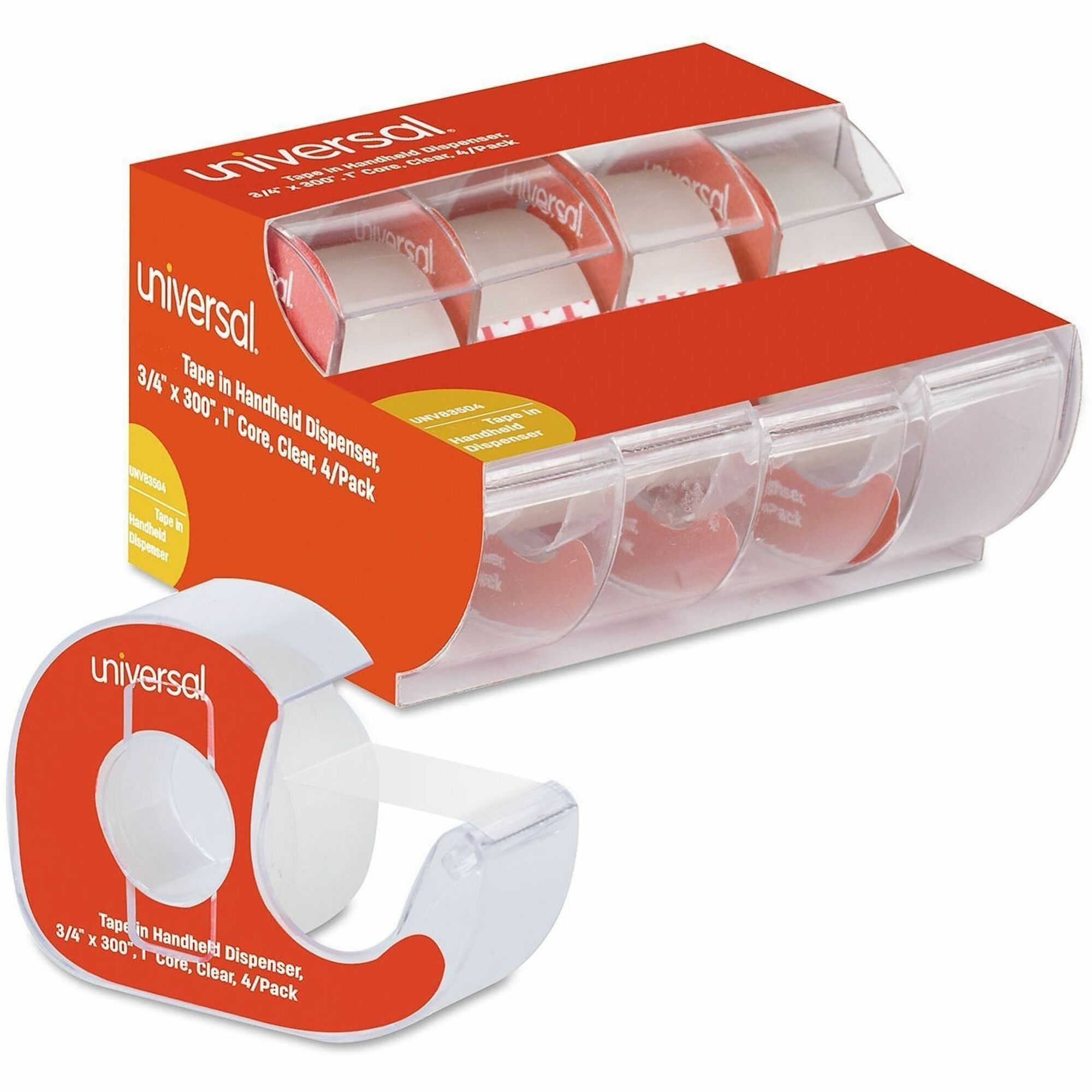 Universal Invisible Tape with Handheld Dispenser, 1" Core, 0.75" x 25 ft, Clear, 4/Pack