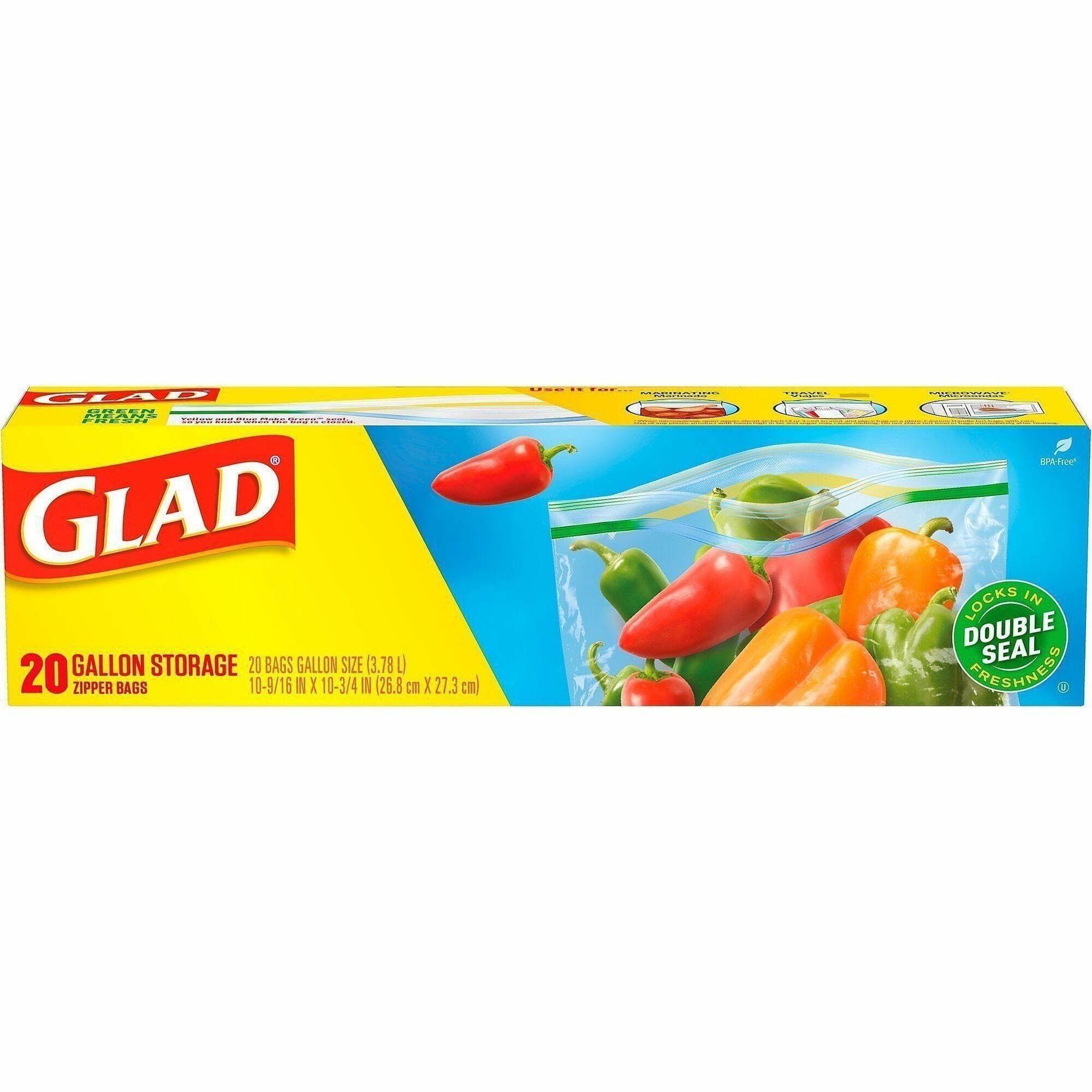Glad Food Storage Zipper Bags - 10.75" Length x 10.56" Width - Zipper Closure - Yellow - Plastic - Food, Storage, Home, Office - 20 Bags/Box - 12 / Carton