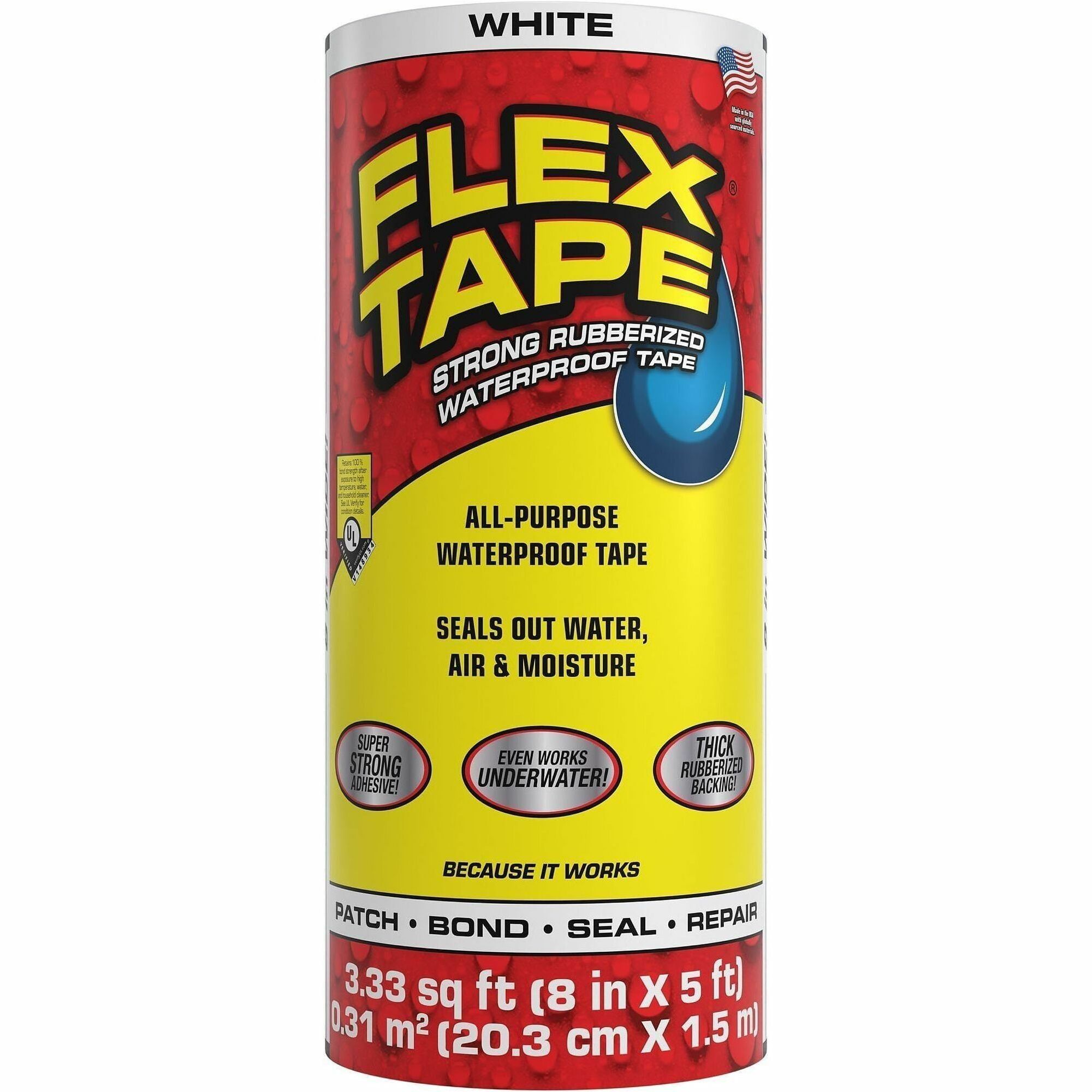 FLEX SEAL Repair Tape - 5 ft Length x 8" Width - White - Rubber Backing - Water Proof, UV Resistant, Temperature Resistant, Weather Resistant, Moisture Resistant - For Repair, Sealing, Home, Roofing, General Purpose, Bathroom, Project, Multi Surface, Bonding, Patching - 4 / Carton