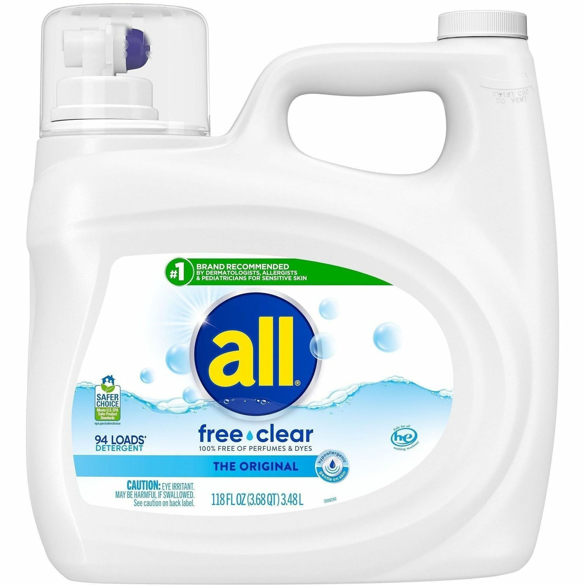 all Free Clear Liquid Laundry Detergent - For Washing Machine, Laundry - Liquid - 118 fl oz (3.7 quart) - 94 Loads - Recommended For: Allergen Remover, Pet Dander Remover, Pollen Remover, Stain Remover, Microbe Remover, Dirt Remover - Skin-friendly, Hypoallergenic, Dye-free, Unscented, Fragrance-free, Phosphate-free - Clear - 4 / Carton