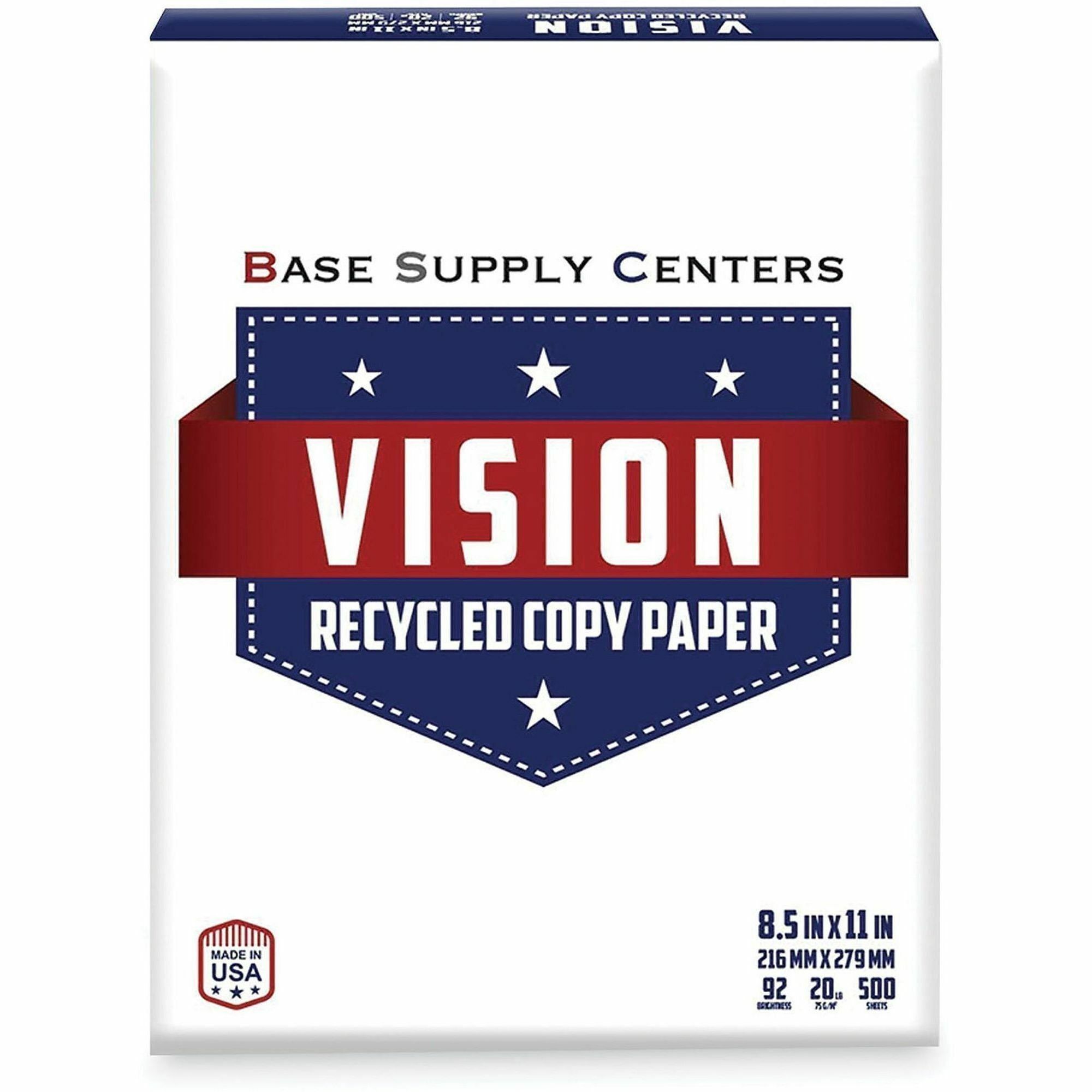 Vision Recylcled Paper - 92 Brightness - Letter - 8 1/2" x 11" - 20 lb Basis Weight - 74 g/m² Grammage - Smooth - Jam-free - White - 5000 Sheets - 500 Sheets per Ream - 10 / Carton