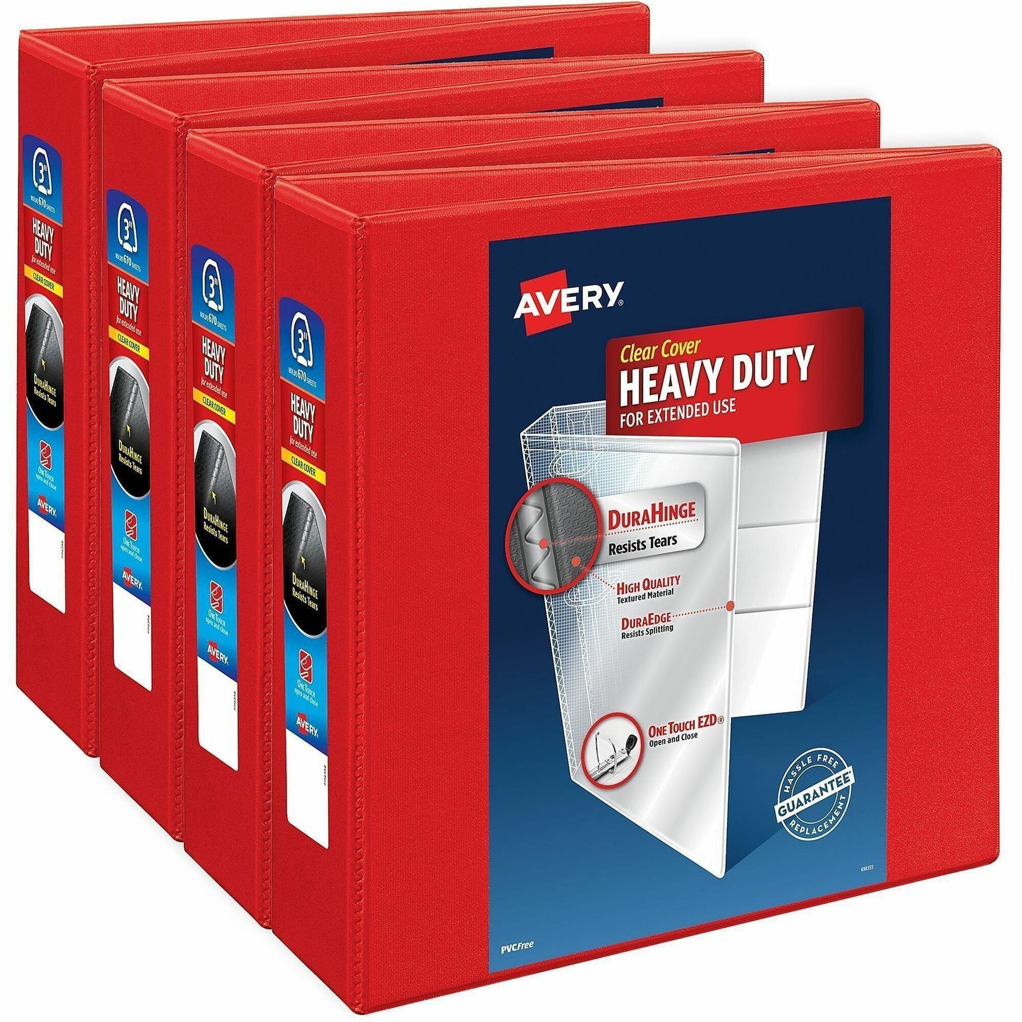 Avery® One Touch Ring Heavy-Duty View Binder - 3" Binder Capacity - 670 Sheet Capacity - 3 1/2" Spine Width - 3 x 3" Ring - Fastener: D-Ring - Pocket: 4, Internal - Linen pattern - Polypropylene, Plastic - Red - Heavy Duty, One Touch Ring, Long Lasting, Tear Resistant, Split Resistant, Textured, Locking Ring, Customizable Spine/Cover, Non-stick, Durable, Archival-safe - 4 / Carton