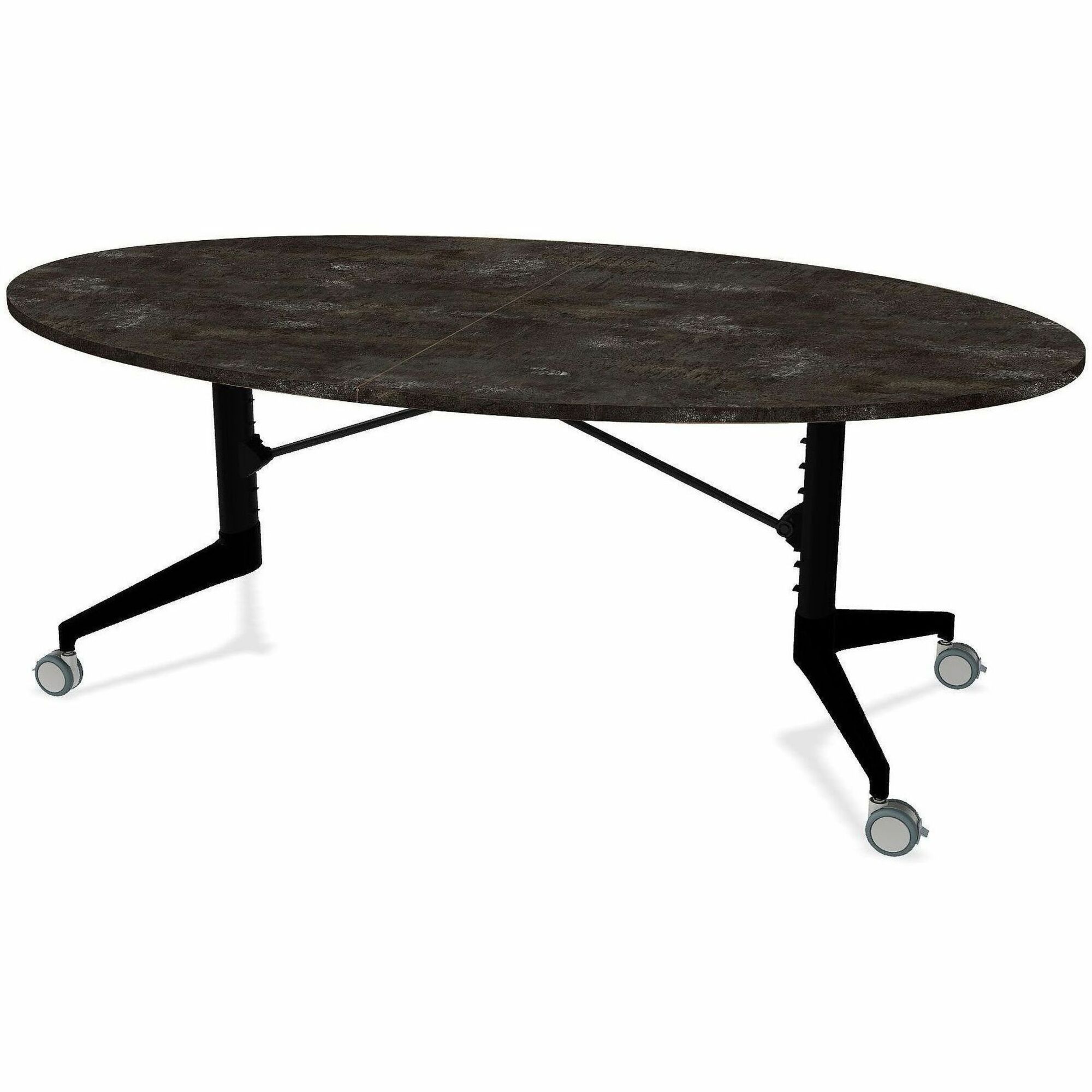 Scissor Tables Folding Table - Mangalore Mango Round Top - Matte Black Column Leg, Powder Coated Base - 48" Table Top Width x 79" Table Top Depth - 29" Height - Conference, Dining, Multipurpose - Assembly Required - High Pressure Laminate (HPL) Top Material - Cast Aluminum Base Material - 2 / Carton