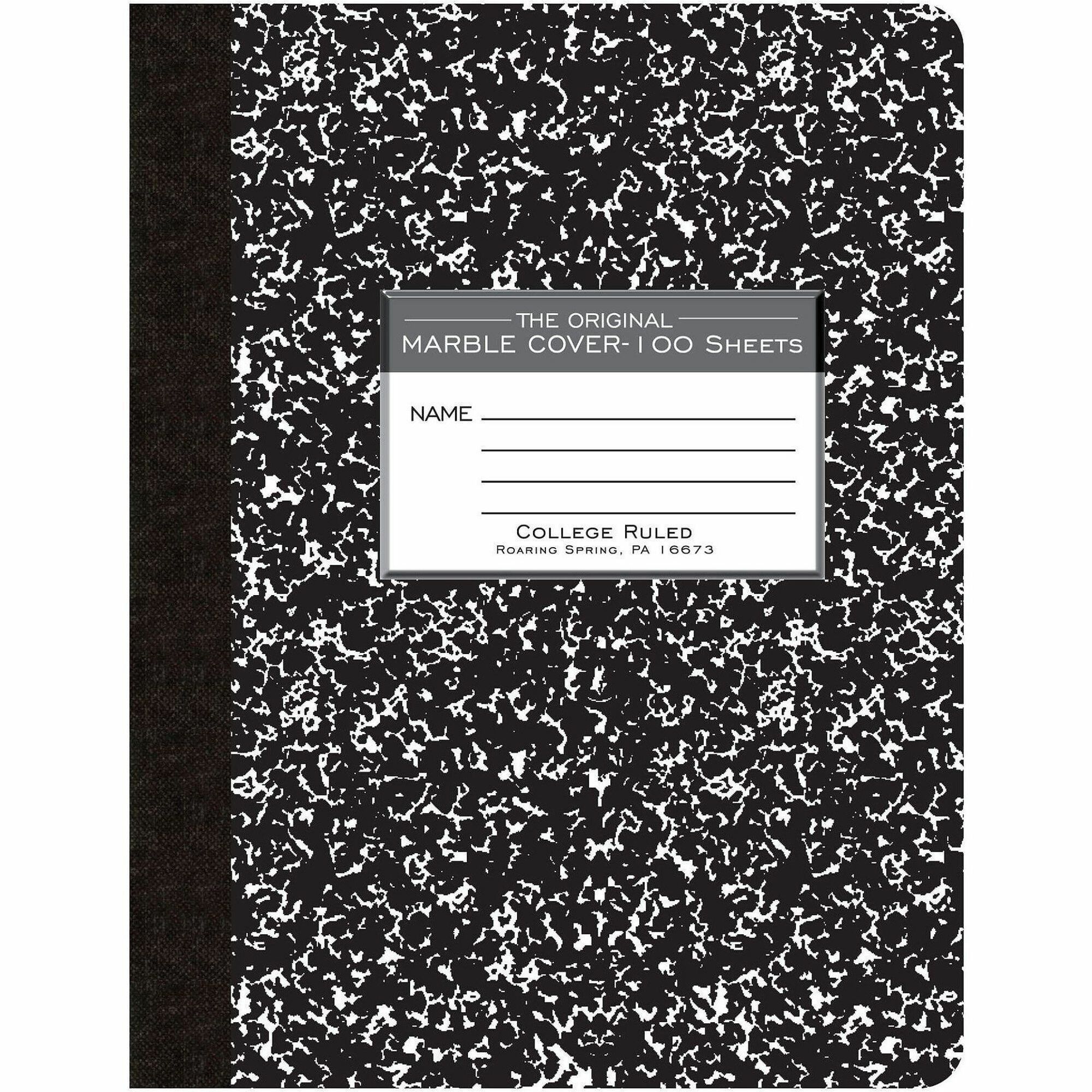 Roaring Spring 100-sheet College Ruled Comp. Book - 100 Sheets - 200 Pages - Sewn/Tapebound - Both Side Ruling Surface - College Ruled Front Ruling - Red Margin - 15 lb Basis Weight - 9 3/4" x 7 1/2" Sheet Size - 9.8" Width x 7.5" Depth - White Paper - Black Marble Board Cover - Hard Cover, Smooth, Heavy Duty