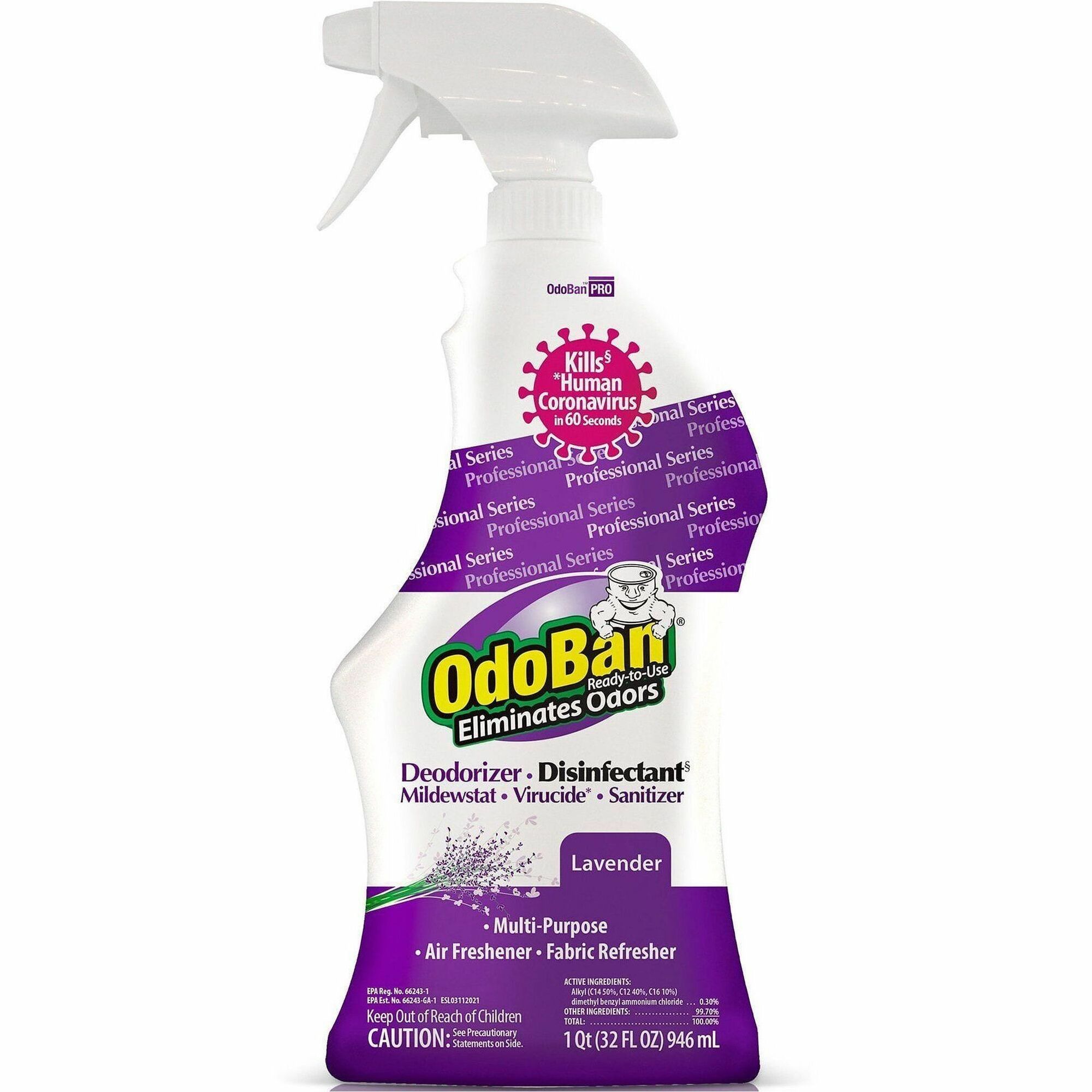 OdoBan Lavender Deodorizer Disinfectant Spray - For Multipurpose - Ready-To-Use - Spray, Liquid - 32 fl oz (1 quart) - Floral, Lavender Scent - Recommended For: Odor Remover, Germs Remover, Residue Remover - Disinfectant, Deodorize, Anti-bacterial - Purple12 / Carton