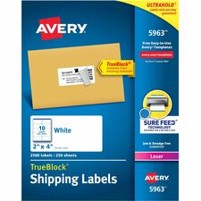 Avery® Shipping Labels, Sure Feed®, 2" x 4" , 2,500 Labels (5963) - 2" Width x 4" Length - Permanent Adhesive - Rectangle - Laser, Inkjet - White - Paper - 10 / Sheet - 250 Total Sheets - 2500 Total Label(s) - 2500 / Box - Permanent Adhesive, Jam Resistant, Customizable