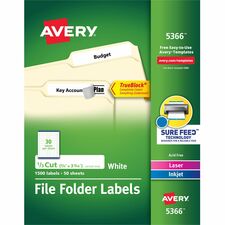 Avery TrueBlock File Folder Labels - 21/32" Width x 3 7/16" Length - Permanent Adhesive - Rectangle - Laser, Inkjet - Matte - White - Paper - 30 / Sheet - 50 Total Sheets - 1500 Total Label(s) - 1500 / Box - Permanent Adhesive, Stick & Stay, Jam Resistant, Reusable, Self-adhesive