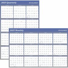 At-A-Glance Vertical Horizontal Reversible Erasable Wall Calendar - Large Size - Yearly - 12 Month - January 2025 - December 2025 - 36" x 24" White Sheet - Blue - Laminate - Erasable, Reversible, Write on/Wipe off, Unruled Daily Block, Year Date Indicator - 1 Pack