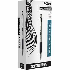 Zebra STEEL 3 Series F-301 Retractable Ballpoint Pen - Fine Pen Point - 0.7 mm Pen Point Size - Refillable - Retractable - Black - Stainless Steel Stainless Steel Barrel - 12 / Dozen