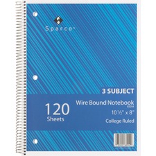 Sparco Wirebound College Ruled Notebooks - 120 Sheets - Wire Bound - College Ruled - Unruled Margin - 16 lb Basis Weight - 8" x 10 1/2" - Assorted Paper - AssortedChipboard Cover - Resist Bleed-through, Subject, Stiff-cover, Stiff-back - 1 Each