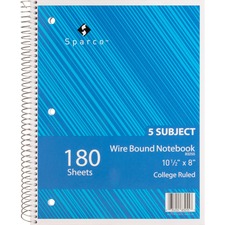 Sparco Wirebound College Ruled Notebooks - 180 Sheets - Wire Bound - College Ruled - Unruled - 8" x 10 1/2" - Assorted Paper - Assorted Cover - Chipboard Cover - Resist Bleed-through, Subject, Stiff-back, Stiff-cover - 1 Each