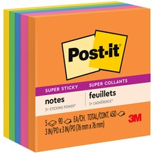 Post-itÂ® Super Sticky Notes - Energy Boost Color Collection - 450 - 3" x 3" - Square - 90 Sheets per Pad - Unruled - Vital Orange, Tropical Pink, Sunnyside, Blue Paradise, Limeade - Paper - Self-adhesive - 5 / Pack