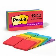 Post-it® Super Sticky Notes - Playful Primaries Color Collection - 1080 - 3" x 3" - Square - 90 Sheets per Pad - Unruled - Candy Apple Red, Vital Orange, Sunnyside, Lucky Green, Blue Paradise, Iris Infusion - Paper - Self-adhesive - 12 / Pack