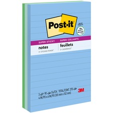 Post-itÂ® Super Sticky Notes - Oasis Color Collection - 270 - 4" x 6" - Rectangle - 90 Sheets per Pad - Ruled - Washed Denim, Fresh Mint, Lucky Green - Paper - Self-adhesive - 3 / Pack