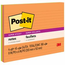 Post-itÂ® Super Sticky Lined Meeting Notepads - 180 - 6" x 8" - Rectangle - 45 Sheets per Pad - Ruled - Vital Orange, Tropical Pink, Sunnyside, Limeade - Paper - Self-adhesive - 4 / Pack
